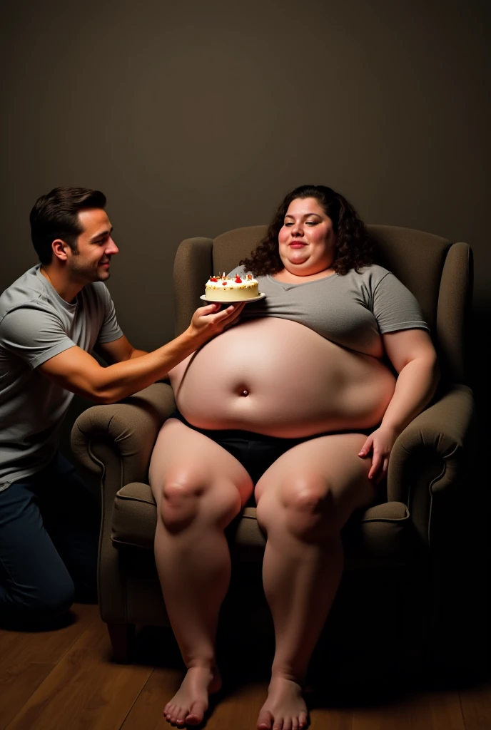 photo, studio lightning, extremely morbidly obese woman, (muscular man holding her huge fat belly and feeding her cheeseburgers and milkshake from a pile of food besides them), ssbbw belly, unrealisticly fat belly, naked, beautiful thin face with long dark hair, belly about to explode, belly skin ripping because of her extremely vast size, cellulites on thighs, looking exhausted and worried down on her belly, extremely huge fat natural breasts, sweating profusely, (((belly fat rolls))), muffintop, 20 year old, unrealisticly extreme belly hang. belly hanging down to her knees, jiggly belly, soft belly, soda can sticking out from her belly fat rolls