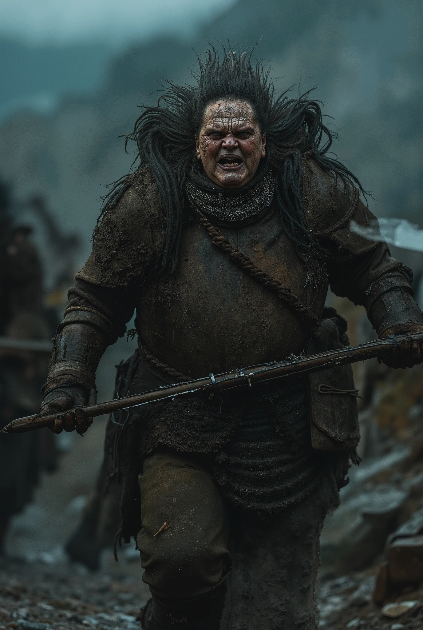 A pair of female large muscular and (ugly) broad shoulders (dirty unwashed messy hair) (fat (female monsters) ((angry)) gritted teeth, shouting, thick eyebrows, dressed in dirty, rugged, dirt, dusty, old, Historical Full Plate Armor, plate armor, trousers, cloth armor, and holding spears, running towards the viewer, background (night time) night sky, mountainous terrain, rocky terrain, high quality, best quality, very detailed, shadows, partially covered in shadow, close angle, crooked teeth. scars on face, large scars on face, a lot of dirt on face. crowd in background.