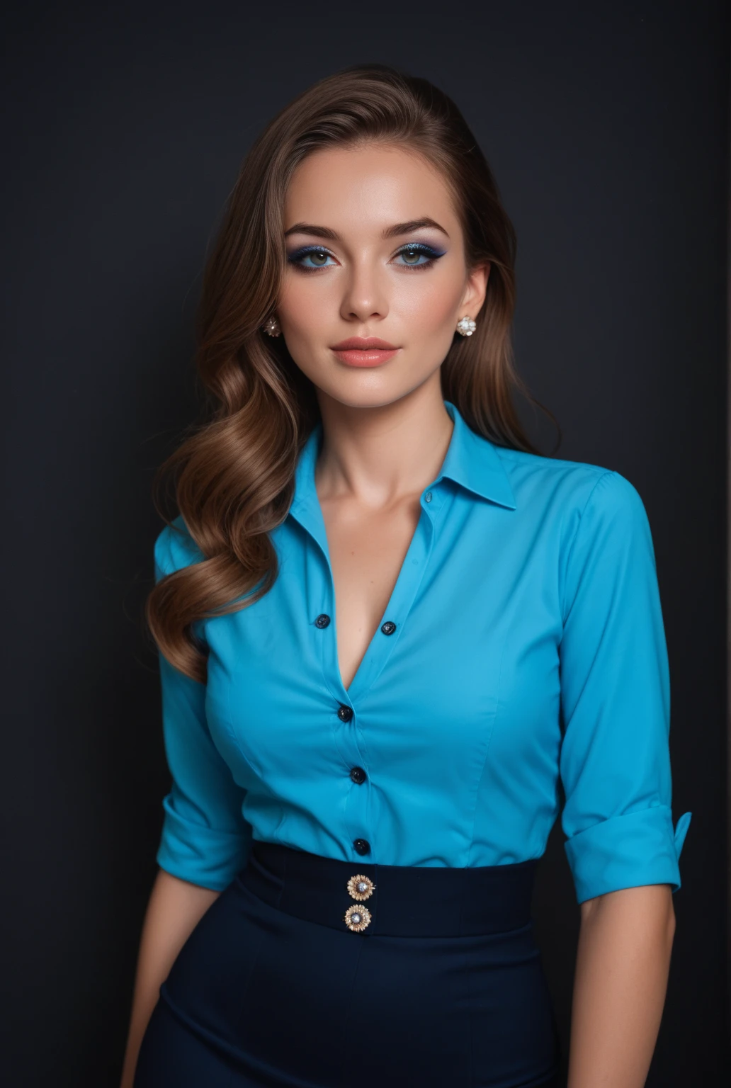(young:1.2) 23 yo beautiful tall european woman, high detailed skin, slim face, (detailed face:1.3), fair skin, medium brown hair, messy hair bun, gorgeous almond shaped blue eyes, eye shadow, red soft lips, small bust, slim waist, light smile, baggy shirt, standing in balcony of a high rise luxury hotel, blurry city light background, full body, font view, (looking at viewer), film grain, best quality, ultra high res, (photorealistic:1.2), raw photo, night time, shadow