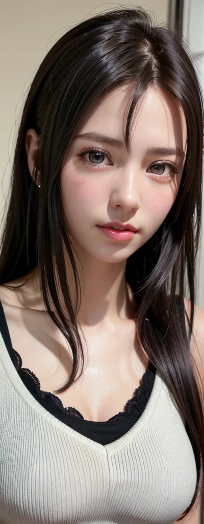 masterpiece, highest quality, 8k, 20th Generation, Large Breasts, cute, alone, sad, cute, Girlish, Delicate girl, Pure beauty, RAW Photos, Professional photography, Portraiture, Soft Light, Professional Lighting, Backlight, Upper Body, avert your eyes, Sophisticated, Film Grain, (Eyes and facial details:1.0), Short floating hair, Beautiful, flowing hair, bangs, (RelaxedVneckTshirt(pastel colour))、(Large Breasts:1.0)、You can see a little cleavage、Dolly Makeup、Odd Eye、The colour of the left and right eyes are different