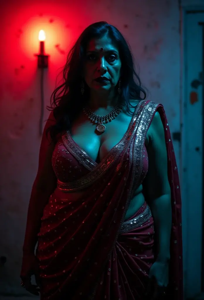 Looks like Aparna Dixit, full body Closeup shot, Big chubby aunty, milf, cougar lady witch, horny Gothic milf,  50 years old gorgeous mature lady, pervert demoness, demoness of lust, curvy, black lips, horny face, extremely gorgeous, thick figure, heavy physique, voluptuous, curvy, sexy figure, Fashionable portrait of androgynous alien looking witch wearing veil,( glowing eyes:1.5), futuristic design, minimal details, givenchy, photoreal, 200mm, hd, f/ 2.0, highly detailed, surreal, sexy beautiful evil woman, sexy bold sequin Saree with strapless Bra, chudail, Pishachini, horror genre, blood-thirsty enchantress, powerful female spirit, eerie, drop dead, in the style of red and blue, (intricate details, hyperdetailed:1.15) (skin texture:1.2), dark Moody tone, cinematic lighting, haunted place in background, Fortune telling hall,indian astrology,
