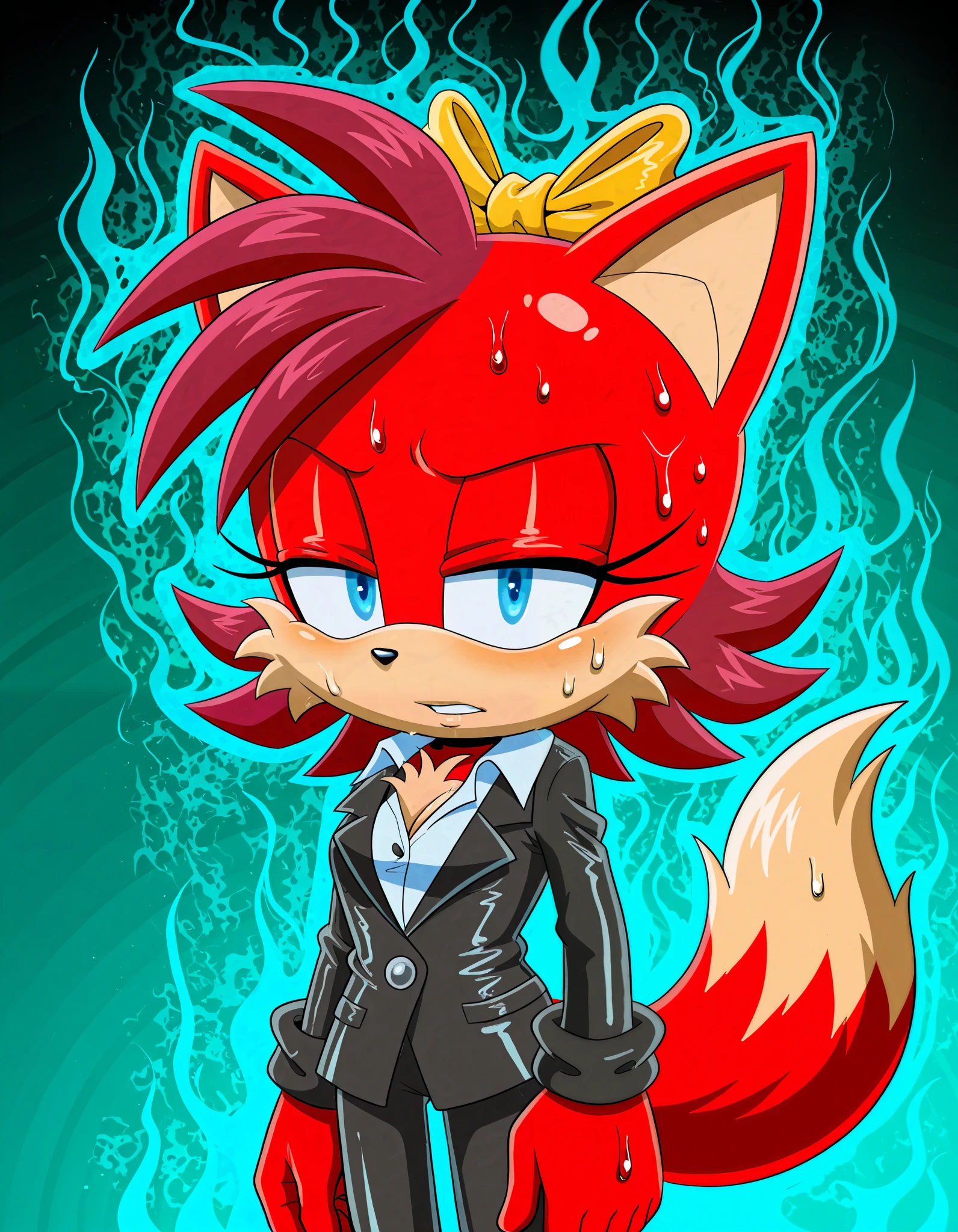 Fiona The Fox, sweating, secretary, soaked, smelly, hot,Fiona The Fox_\(Sonic\), Red-Beige Fur, Light Blue Eyes, Maroon Hair, Fox Girl, 