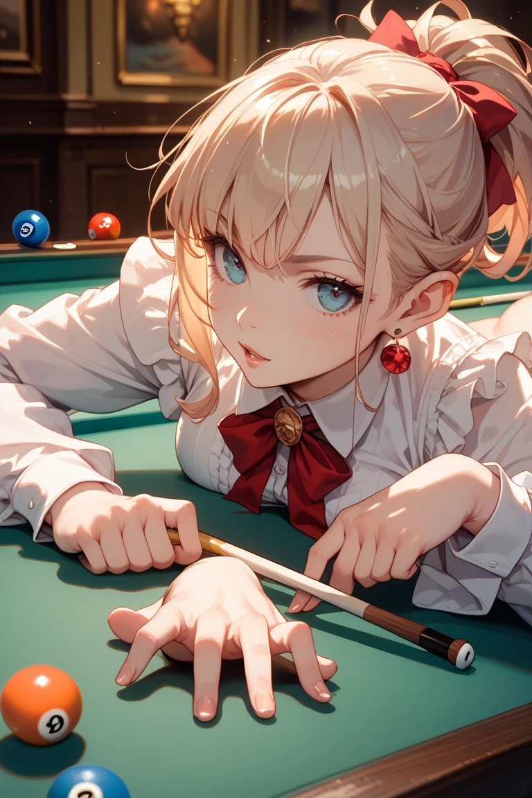 ((Highest quality,8k,32K,masterpiece,Ultra-high resolution :1.2 ),born,One girl,Super cute,Natural light,Clear, shining eyes,20-year-old,Fair skin,Billiard table electronic world fantasy background,Golden Hair,short hair,Enjoying playing billiards,Large Breasts