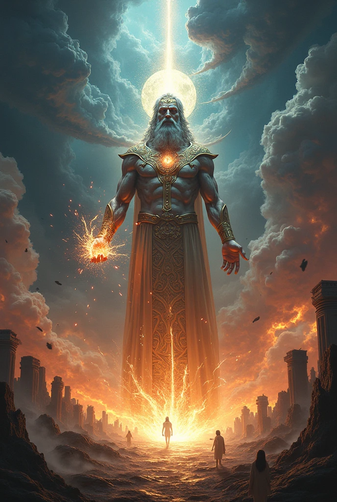 A Cosmic entity with its body covered in stars and space wearing a black robe and holding a mallet in one hand forging the universe and a book in the other