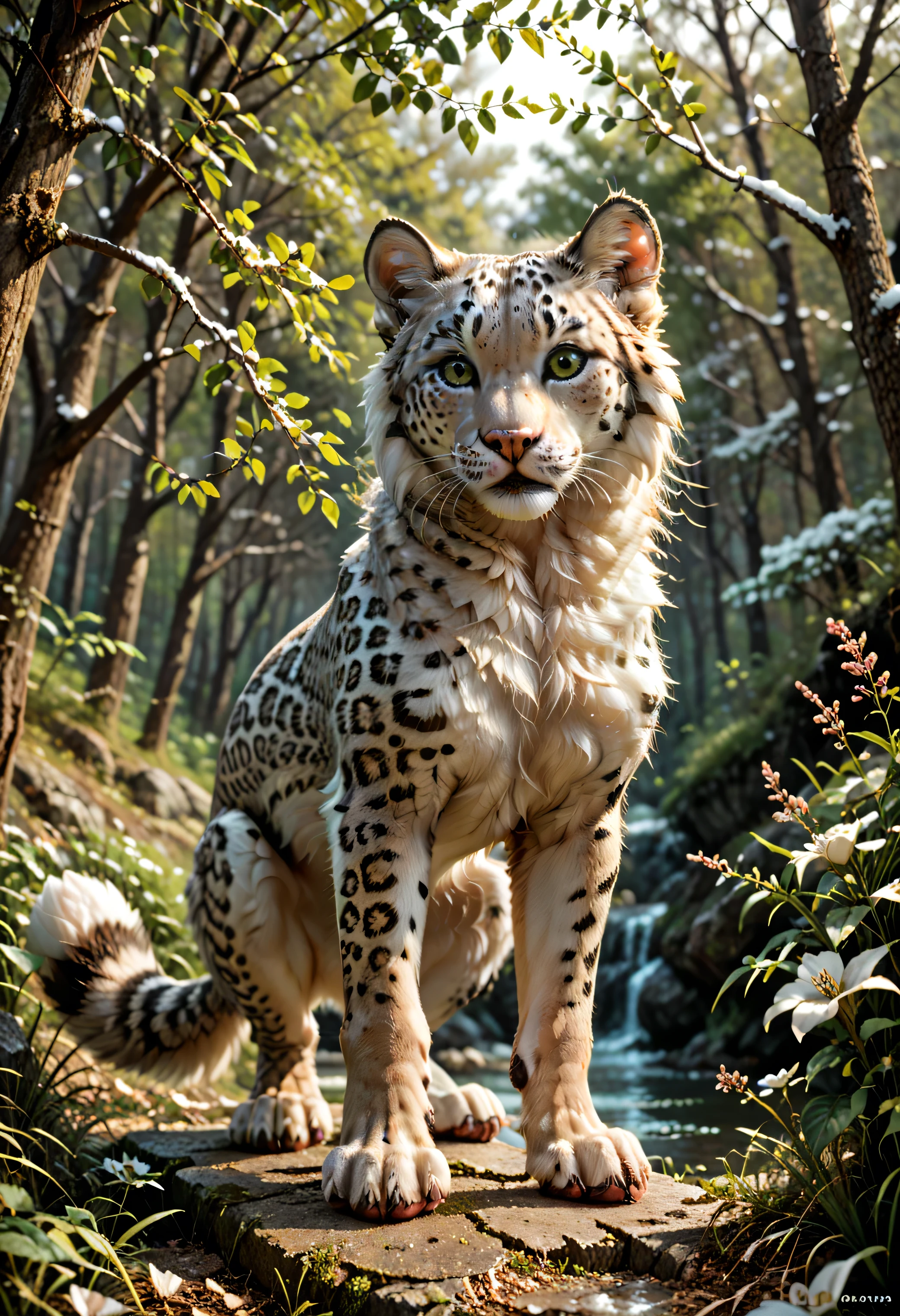 source_furry, source_9, score_8_up, score_7_up, full body, front view, ((solo)), feral, white leopard, animal, drinks from a spring, looking at the viewer, (detailed background), nature, high quality, furred body, fluffy, with claws, (detailed eyes, green eyes), highly detailed, beautiful, pawpads, paw pads, dutch angle