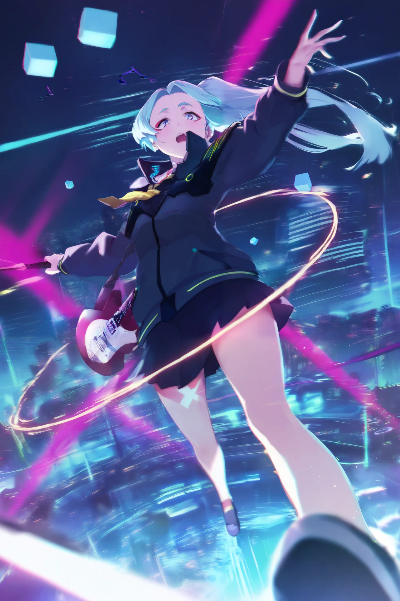 [cyberpunk school uniforms:1.3] with glowing neon trim, dynamic poses capturing mid-performance energy,
lead vocalist with electric guitar shaped energy blade, drummer surrounded by floating rhythm cubes,
bassist stepping on pulsating sound waves, keyboardist controlling hologram interface,
vivid neon lighting casting prismatic shadows, hyper-detailed particle effects visualizing musical notes,
sweat droplets catching stage lights, wind-blown hair with color gradients,
dramatic perspective from below stage angle, chromatic aberration effect on edges,
background with futuristic city skyline and floating lyric projections,
ultra HD 8k, cinematic lighting with volumetric rays