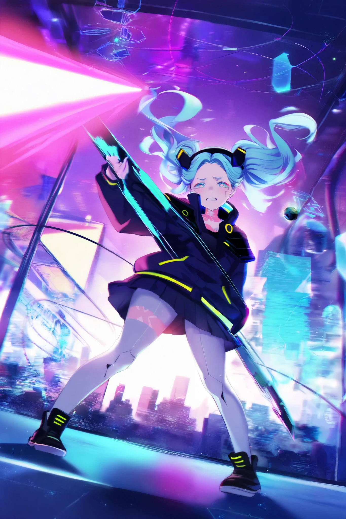 [cyberpunk school uniforms:1.3] with glowing neon trim, dynamic poses capturing mid-performance energy,
lead vocalist with electric guitar shaped energy blade, drummer surrounded by floating rhythm cubes,
bassist stepping on pulsating sound waves, keyboardist controlling hologram interface,
vivid neon lighting casting prismatic shadows, hyper-detailed particle effects visualizing musical notes,
sweat droplets catching stage lights, wind-blown hair with color gradients,
dramatic perspective from below stage angle, chromatic aberration effect on edges,
background with futuristic city skyline and floating lyric projections,
ultra HD 8k, cinematic lighting with volumetric rays
