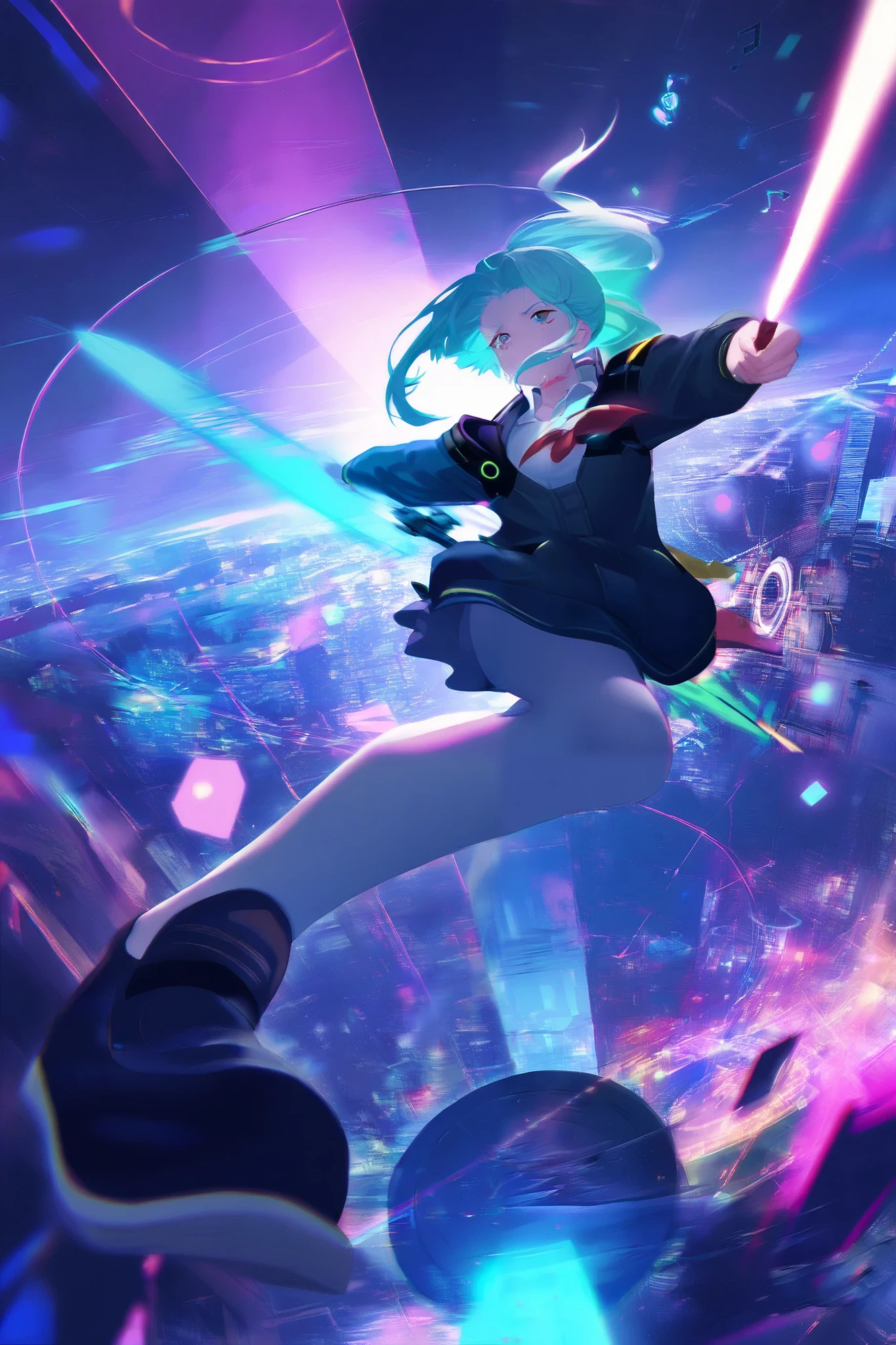 Anime girl with blue hair and black dress flying through the air ...