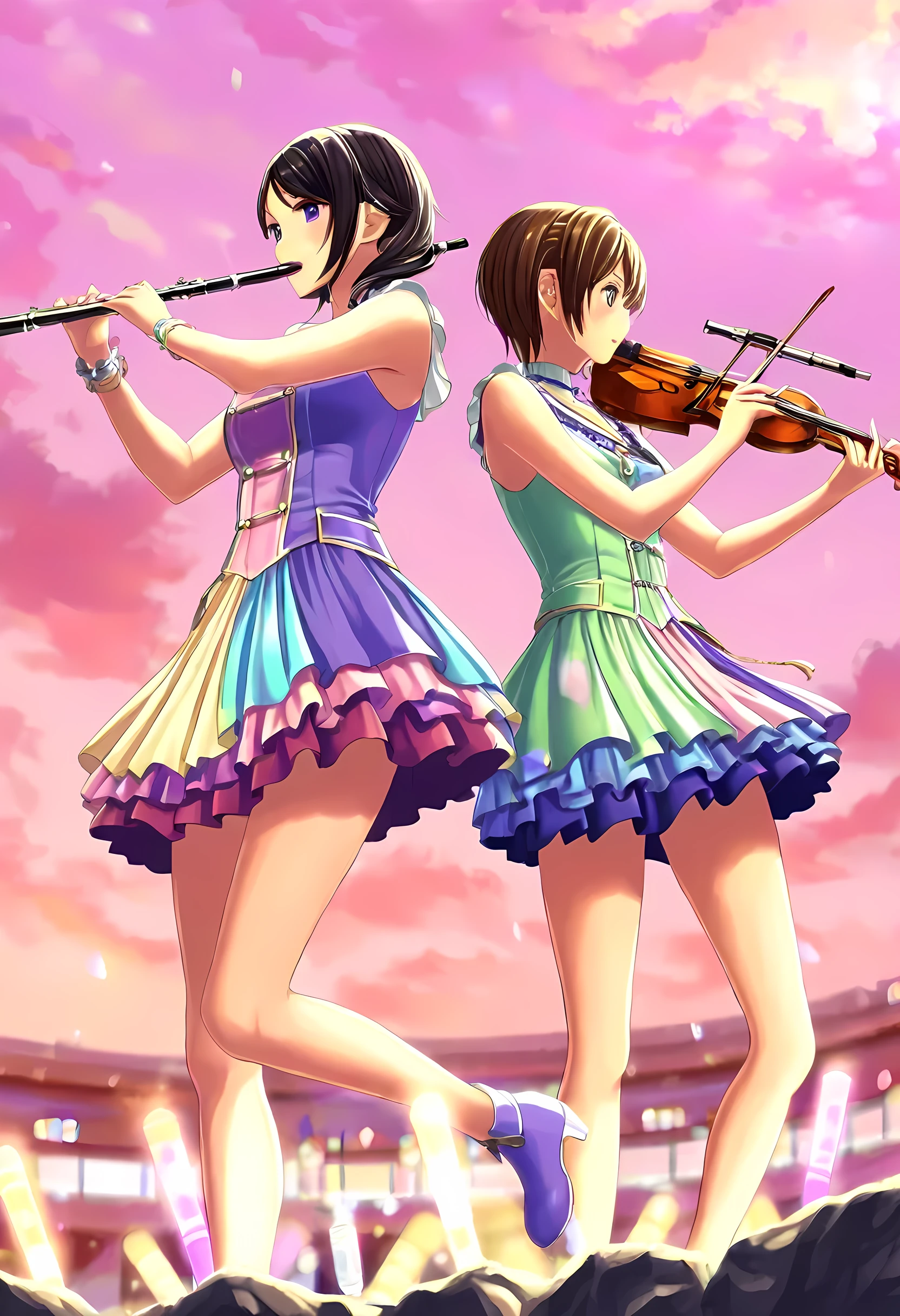 an anime picture of young women musical band playing violin, flute, viola, clarinet, at a rock concert, best details, best details, best quality, 16k, masterpiece, best quality, (extremely detailed), photorealism, depth of field, hyper realistic painting, Cinematic Shot, Colorful, PASTELGOTH