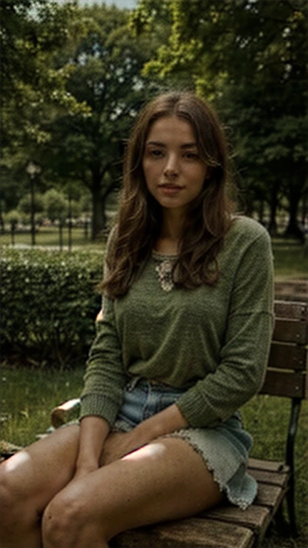 (one girl), Hanna, a 21 year old girl, 1.70 meters tall, weighs 49 kg, has very long and straight dark purple hair, has big green eyes, wears gold earrings and bracelets, always has a smartwatch on wrist, wearing winter clothes, sitting on a large piece of rock in a park, (hands hidden), ultra realistic style, (seed 3978045937)