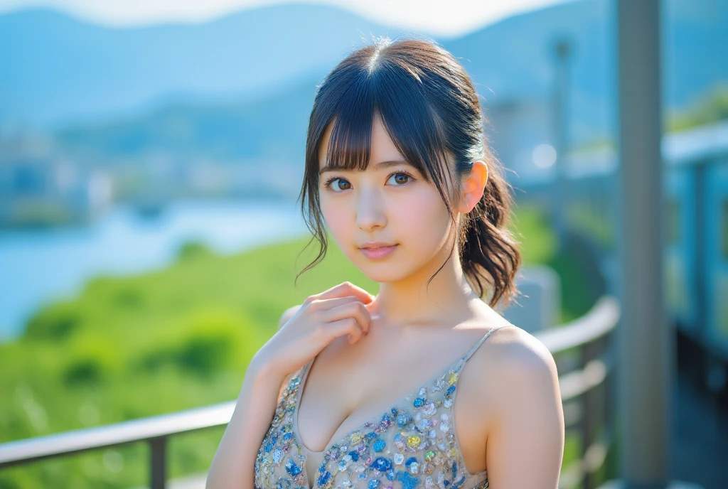 (8K, RAW photo, super high quality, super detailed CG Unity 8K wallpaper, masterpiece: 1.2), one girl, 3D,The depth of field in the photo is perfect、The lens flare added a nice touch,Staring lovingly at the viewer,smile,very beautiful detailed eyes, Accurate glossy iris depiction, The pupils are pitch black and deep., water based humor shine, Highly detailed lashes, Iris with a very slight black edge,beautiful hair,Ultra-fine bristles,accurate shading of hair, Delicate bristles,professional makeup,Ultra-detailed lip,Accurately expresses wrinkles on the lips,Beautiful and lustrous lips,wearing small jewelry earrings, short hair, (Slightly sweaty skin:0.8),sleeveless clothes, Accuracy of shadows created on clothes, chiaroscuro, realistic, A stylish cafe terrace with lots of antique accessories ,nearby fountain、big breasts、