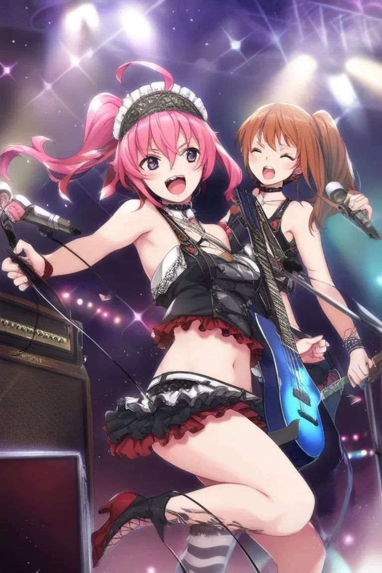 High resolution, 2k, 4k, 8K, Of course, Good lighting, Detailed, extremadamente Detailed, sharp focus, intricate, beautiful, realistic +++, complementary colors, high quality, hiper Detailed, masterpiece. The image is a photograph of a concert by five women in their 20s in anime style, Playing and singing as if they were a heavy-metal band. The singer will be in the foreground and the others will be dancing on stage with different postures and the typical instruments of a heavy band, The positions must be provocative since they are playing an intense rock song. They all have long hair in different colors and hairstyles with ahoge style locks, girls have different eye colors. sexy body, hourglass type , voluptuous and provocative. Dressed in costumes as if it were a gothic porcelain doll of various colors, wide miniskirt with lots of ruffles and embroideries in the shape of musical notes, They all have headband microphones. The whole image must convey beauty and joy. The background is a concert stage the typical lights of a stage. In the foreground and in the lower part there will be monitoring speakers.