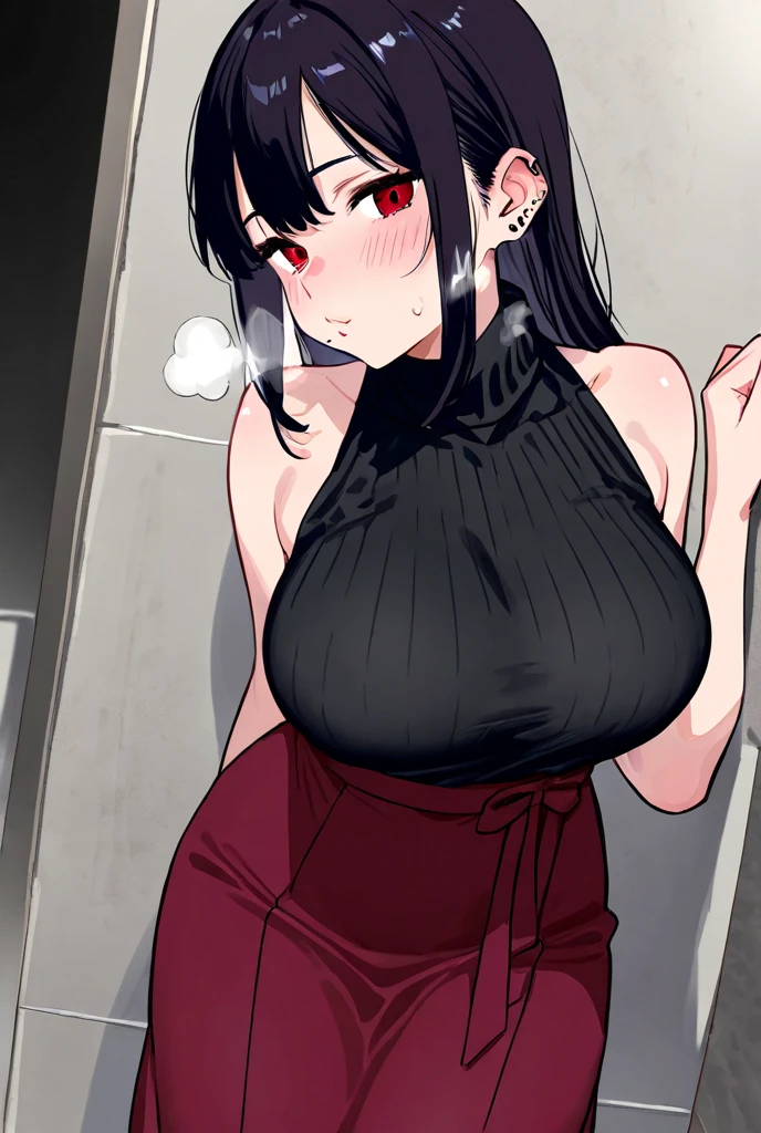muscular girl huge breasts against wall black hair yellow eyes frown sad blushing tight red shirt muscular muscular