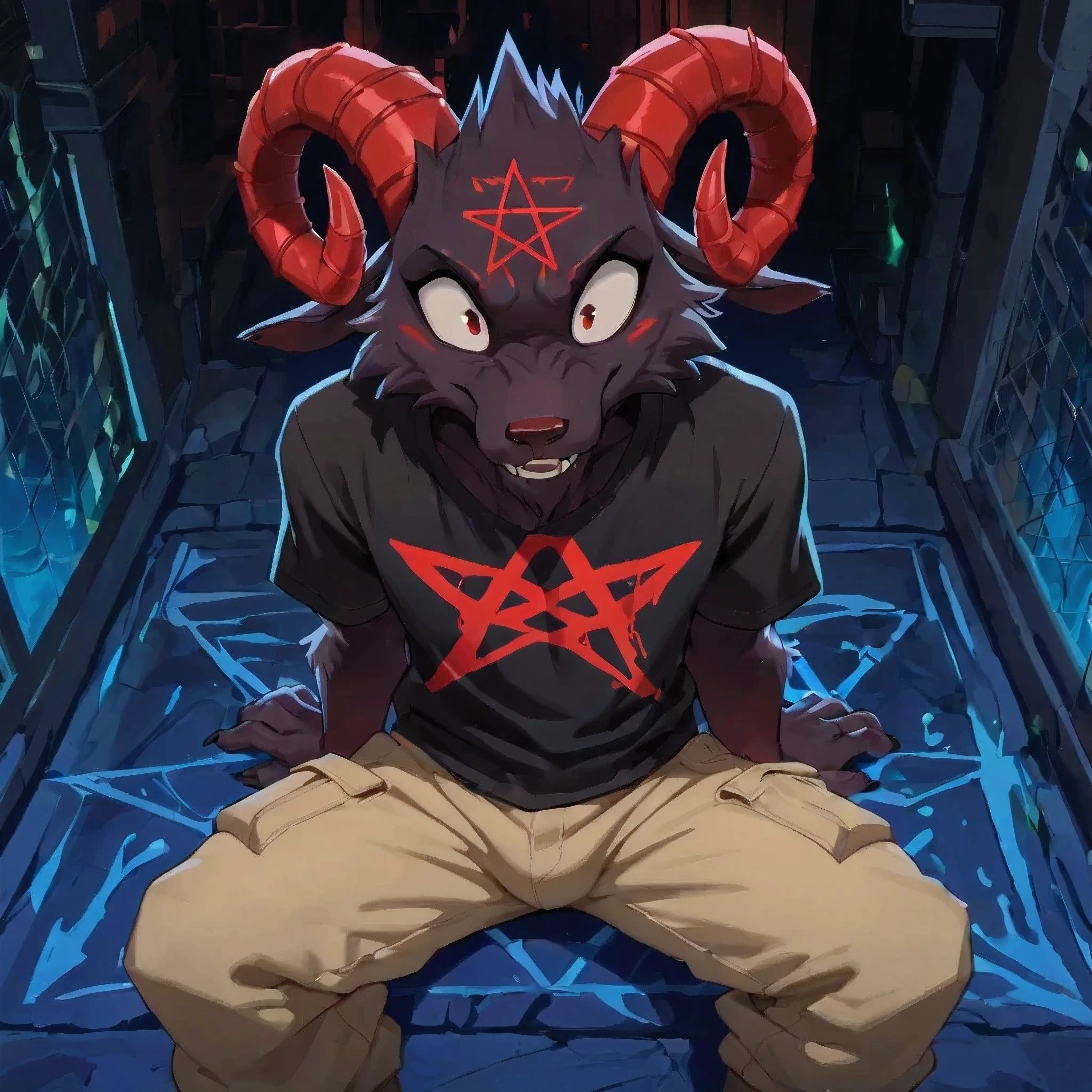 [GrimV1♂️] [Experimenting LoRa Model] - (by skweekers), solo, thin male, GrimV1, anthro, dark furs, red curved horn, red pentagram on forehead, long_snout, big-pupil, glow-pentagram, sitting in top-building, (wearing tan cargo pants), (wearing a black t-shirt), wearing an open black jacket,