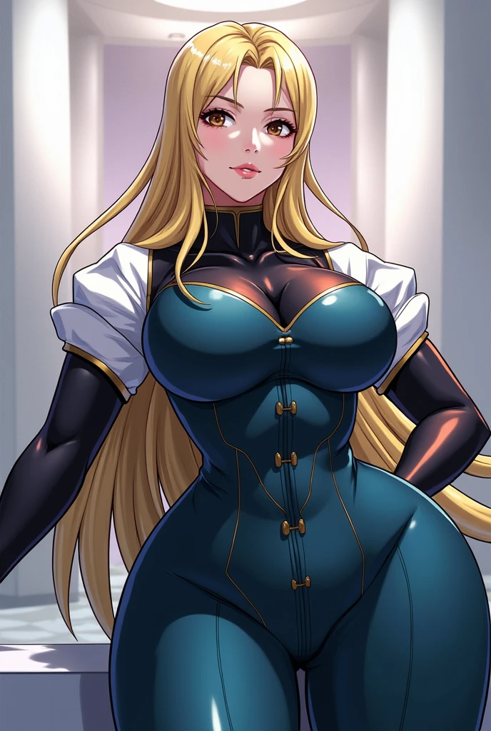Seina Kashiwazaki, 1girl in, a blond, ponytail, hair ornament, (medium breast), bodysuit, (cowboy_shot), indoors, sleeveless.