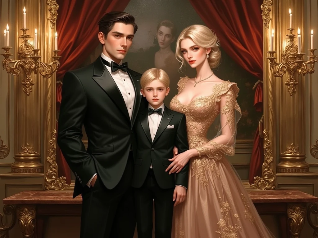 Real portrait of 4 people family ,a tanned man with wavy black hair, clean-cut green eyes, with shorts, defined body an extremely beautiful woman with strawberry blonde hair, gold ,fair skin wearing an elegant dress And children , royal family photo style photo