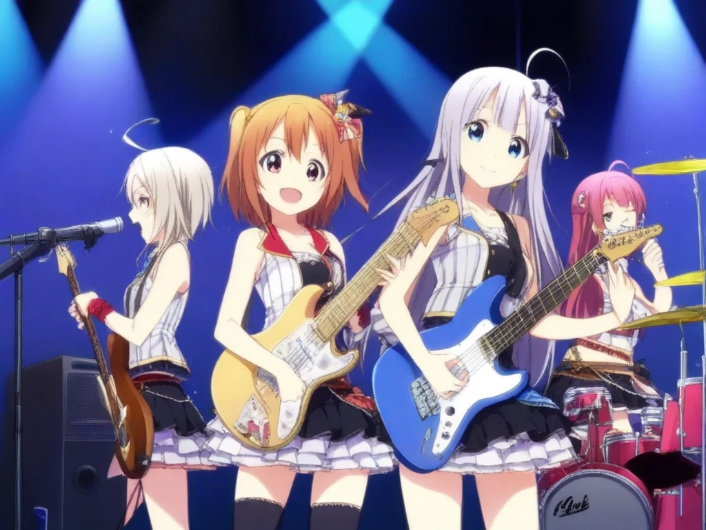The image is a photograph of an anime-style concert of five idols, as if they were a jpop group, one they carry a guitar, Another one wears a bass, the third one is behind a synthesizer and the last one is playing drums. They all have long hair in different colors and hairstyles with ahoge style locks, Do girls have different eye colors. Sexy and provocative body. Dressed in costumes as if it were a porcelain doll of various colors, Wide miniskirt with lots of ruffles and embroideries in the shape of musical notes, singing on stage as if they were idols, They all have hands-free microphones. The whole image must convey beauty and joy. The background is a stage for an idol concert with the typical lights of a stage. In the foreground and in the lower part there will be monitoring speakers.