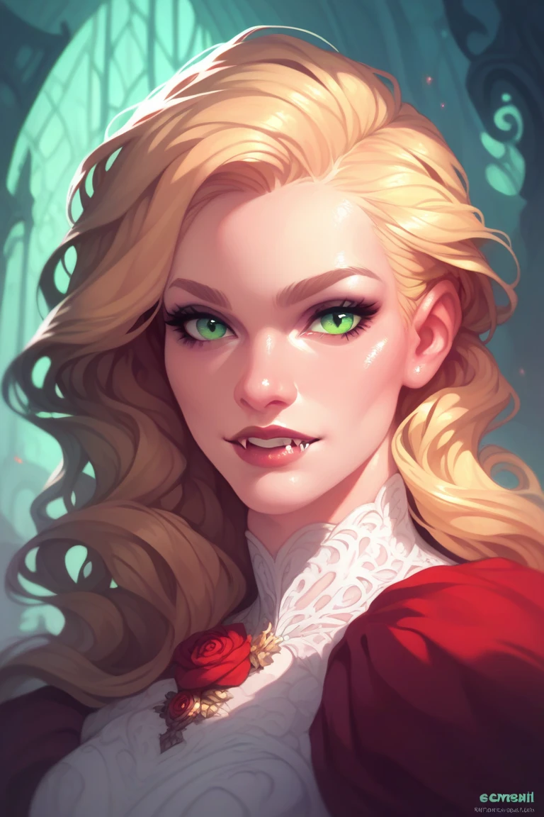 ((a photorealistic glamour shot of an exquisite, glamour female vampire: 1.5)), ((full body: 1.3)), ultra feminine,  pale face, blond hair, long vibrant shiny hair, glamorous hair, emerald green eyes, deep penetrating eyes, red lips, lustful lips, ((two visible vampiric fangs: 1.5), drops of blood dripping from the mouth, ((1950's style: 1.5)), she wears white elegant glamour dress, intricate details, the dress is studded with diamonds, tight suit,  dynamic color, high heels, dynamic background,  (highest quality:1.2, Very detailed, up to date, Vibrant, Ultra-high resolution, High Contrast, masterpiece:1.2, highest quality, Best aesthetics), best details, best quality, highres, ultra wide angle, 16k, [ultra detailed], masterpiece, best quality, (extremely detailed), Genetically modified..., Cinematic Hollywood Film, dark novel