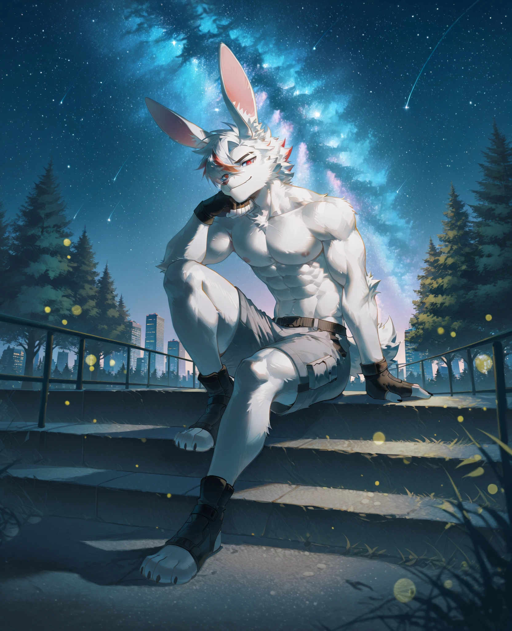 tmasterpiece,High quality,abstracted,digitial painting\ \'s(artwork of a),author:Dagasi Yupa, Kiyosan,(anthro,Furry Fur,Character focus:1.1),Anthropological rabbit,short detailed hair,sportrait,Eye brightness,in a panoramic view,The focal point of the character。(detailedbackground: 0.7),独奏,hairy pubic,shaggy male,malefocus, anthr,(Full Body Furry,Short tail,White fur,Red eyes,Long ears:1.2),(edgBunny,succubi,swim trunks,Elevate your ass :1.2),(External,the night,the street:1.1)
