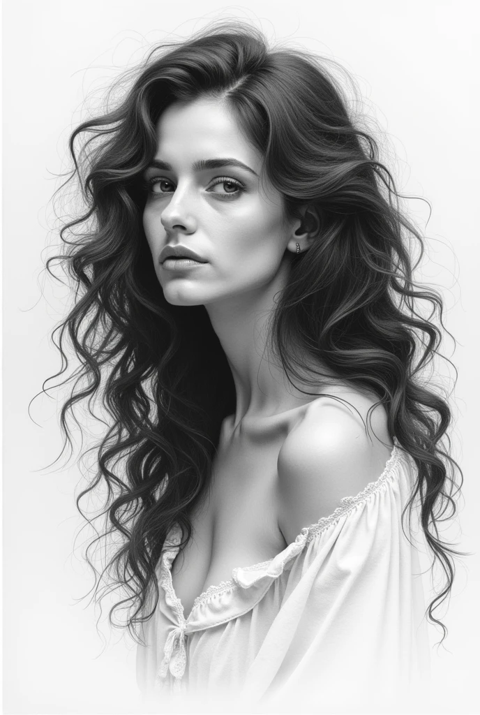 femme, long, curly hair , jeune, 25 ans , matte skin mestizo, en tenue de ville moderne et realiste