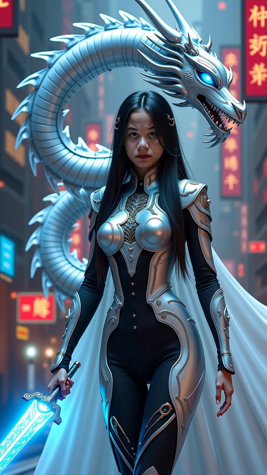 a woman dressed in black and a dragon on a snowy day, Cyberpunk art by Yang J., CGSOCIETY contest winner, Fantasy Art, cyborg dragon, karol behind uhd, detailed fantasy digital art, great digital art with details, highly detailed Fantasy Art, trending digital Fantasy Art, detailed Fantasy Art, 4k Fantasy Art, beautiful digital artwork