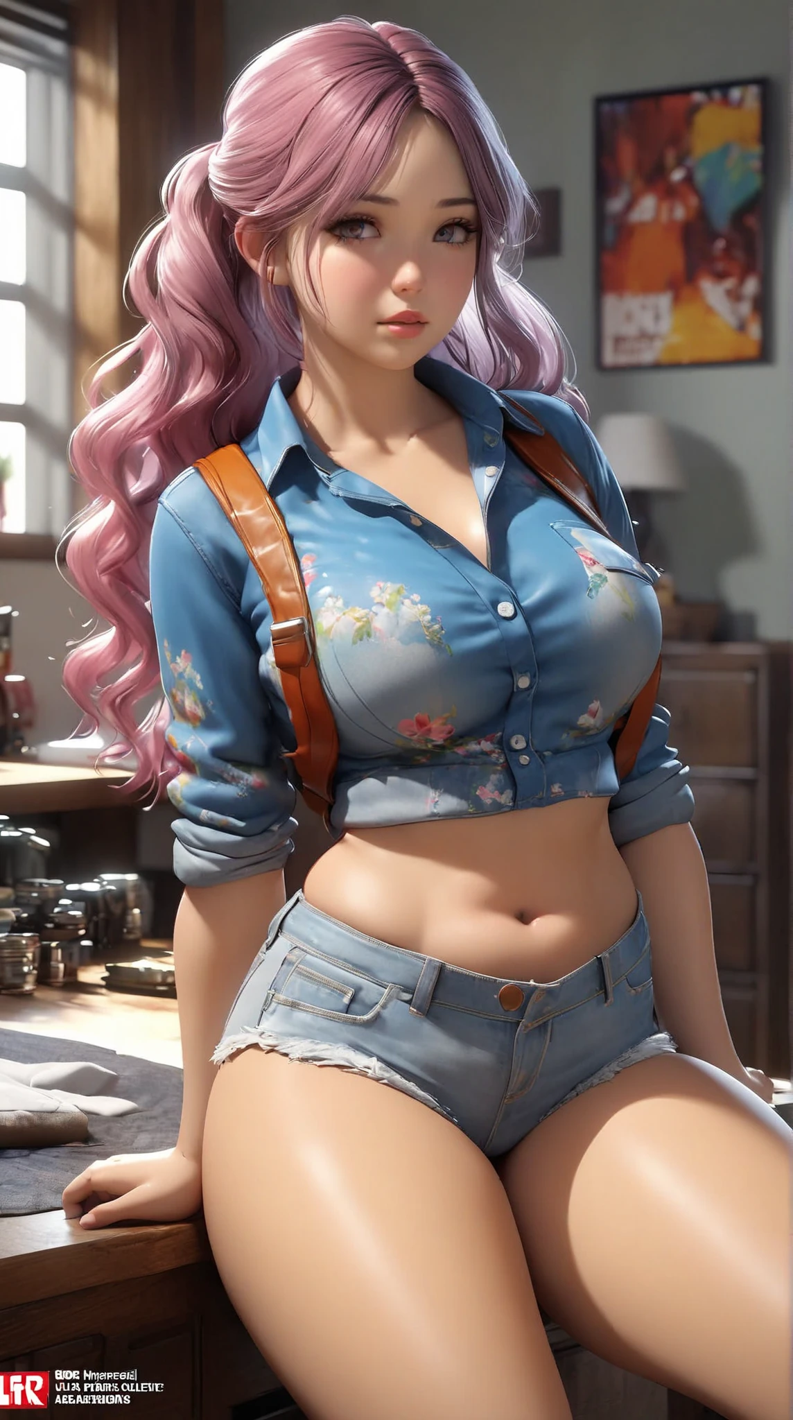 (((1 person:2.5))),(((NSFW:0.5))),(((Wear denim hot pants:1.5))),(((Wear a short-sleeved collared shirt:1.5))),(((Wear a gun belt with a holster:1.8))),,((Wear a watch on your wrist:1.5))),(((Showing cleavage))),(((Exposed thin inner thighs))),(((Small breasts:1.5))),(((Navel exposed:1.5))),(((Bare arms))),(((Put on your boots:1.5))),((Blushed:1.8)), Beautiful detailed girl, Very detailed目と顔, 緻密でBeautiful Eyes, Very detailed, High resolution, Highest quality, masterpiece, Very detailed, 8k wallpaper, wonderful, finely, Highest quality,(Standing in front of a wooden wall),Beautiful Eyes,((Engage your audience:1.5))