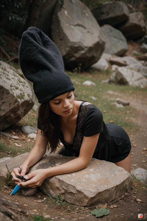 Little Caprice, standing up, sexy pose, full body shot, Purple hair, hair in braids, big , nude, standing on a mountain trail