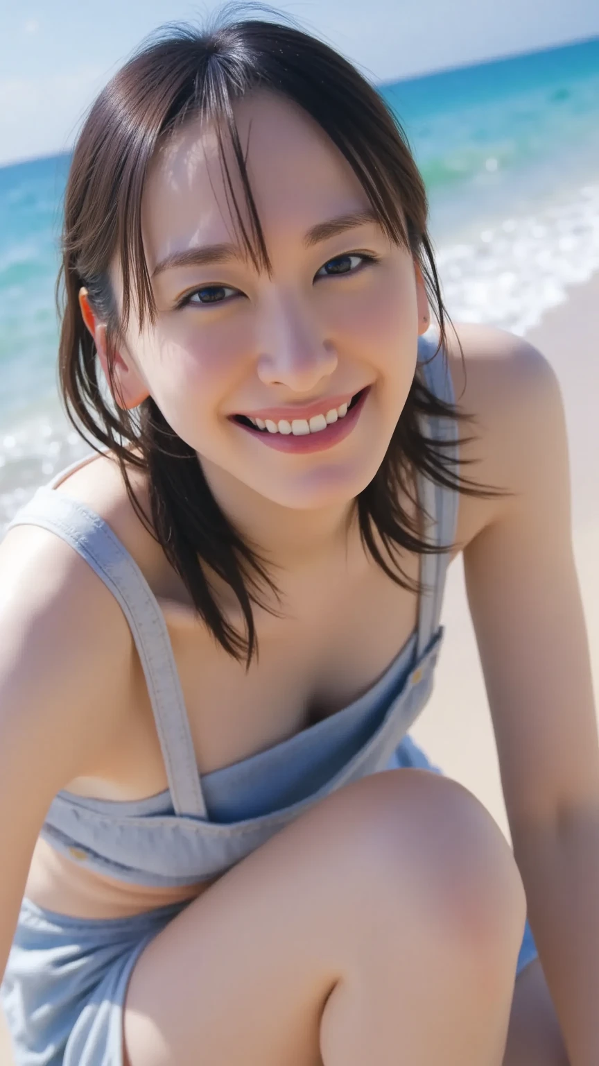 Top quality, 1 beautiful woman, super short hair, Gold hair, shy smile, sunset, at beach