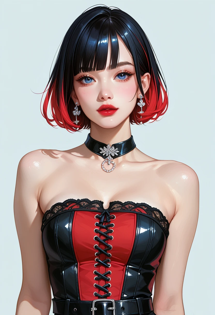 1girl, alone, breasts, looking at viewer, short hair, bangs, black hair, red eyes, cleavage, bare shoulders, jewelry, medium breasts, upper body, red hair, multicolored hair, earrings, parted lips, choker, open coat, red coat, necklace, two-tone hair, lips, highlighted hair, tattoo, black choker, red lips