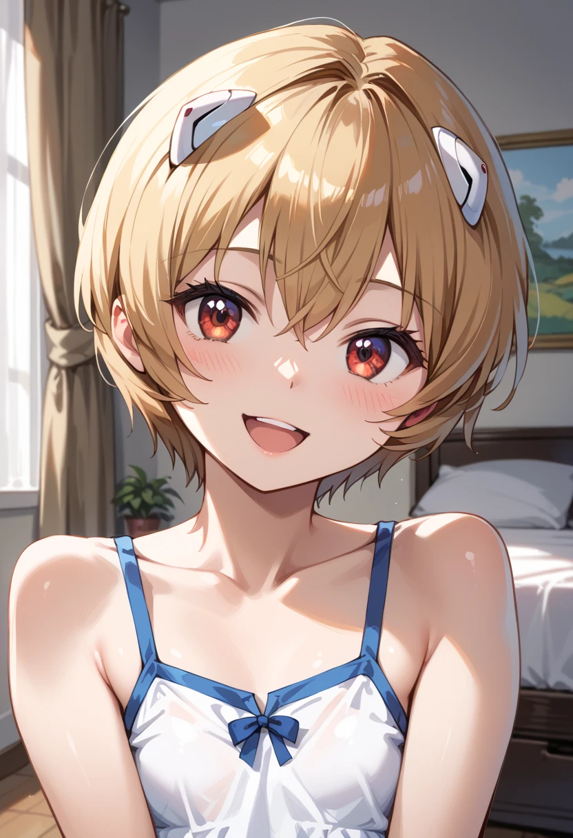 8K resolution, highest quality,Kagamine Rin、beautiful eyes、Embarrassed、Sweat、Shooting from below、Look down、whole body、short hair、smile、head rest、hands up, elbows on table, face palm, white ribbon, white headband,casual、one piece、Date