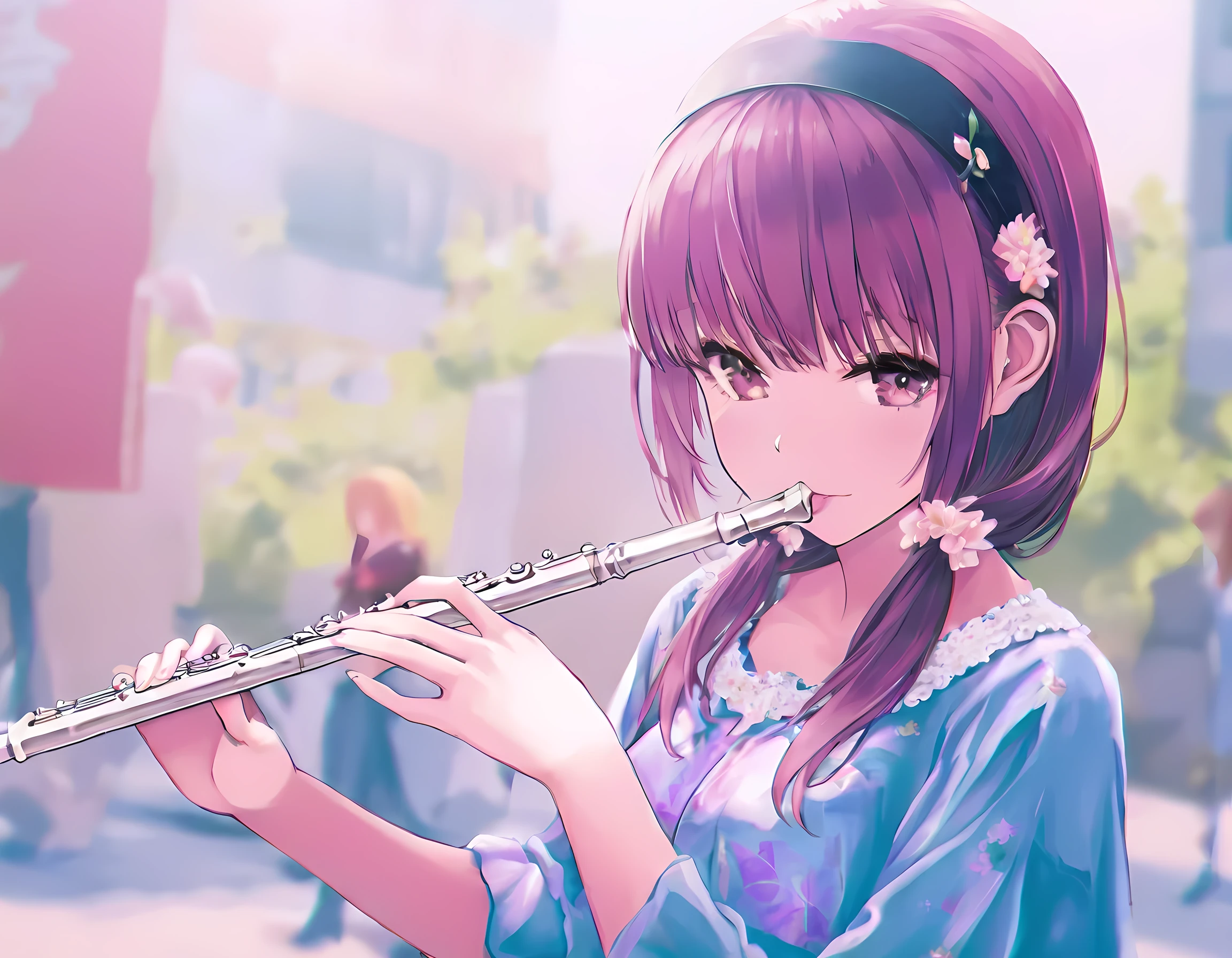 an anime picture of a young woman musical band playing a flute at a rock concert, best details, best details, best quality, 16k, masterpiece, best quality, (extremely detailed), photorealism, depth of field, hyper realistic painting, Cinematic Shot, Colorful, PASTELGOTH