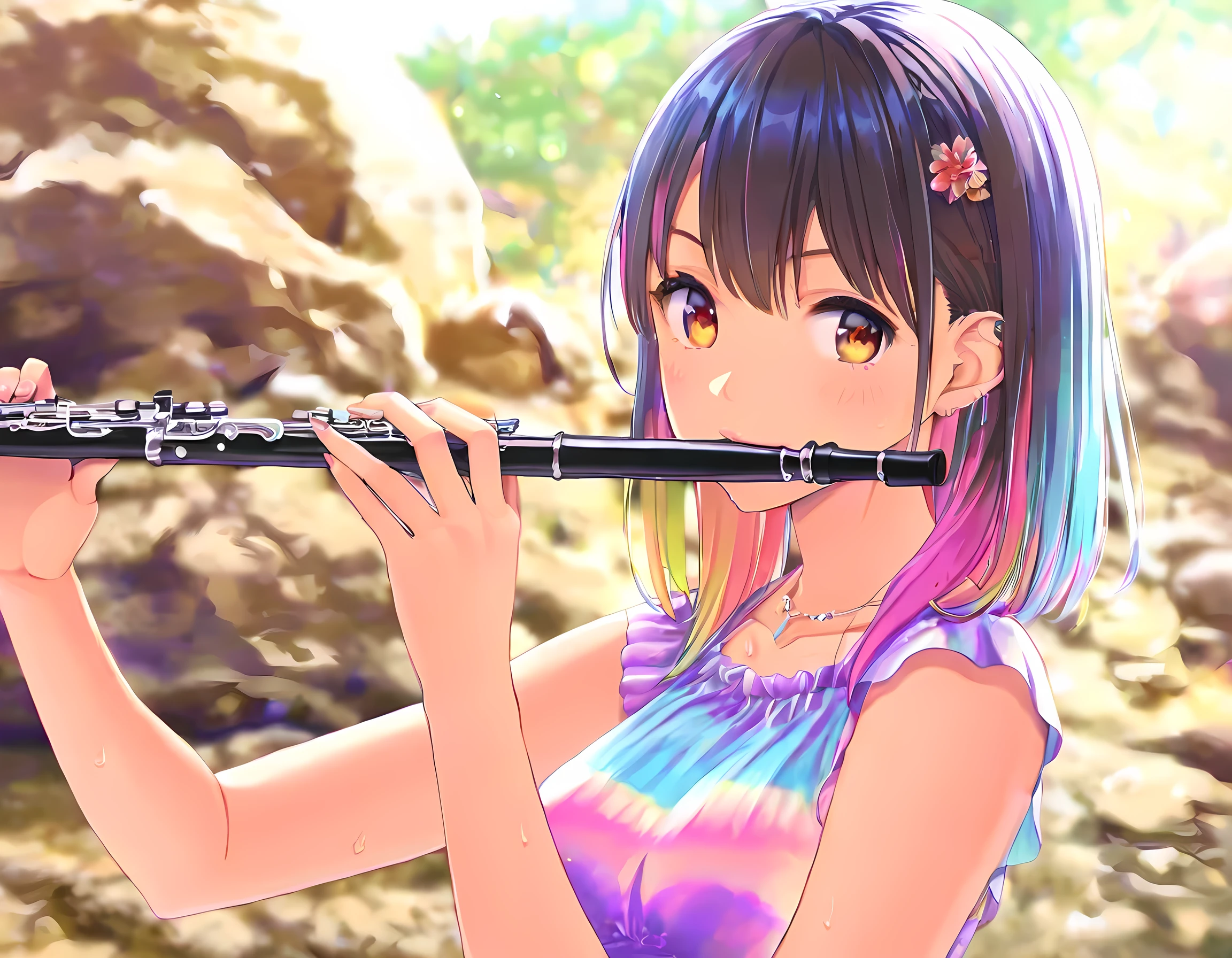 an anime picture of a young woman musical band playing a flute at a rock concert, best details, best details, best quality, 16k, masterpiece, best quality, (extremely detailed), photorealism, depth of field, hyper realistic painting, Cinematic Shot, Colorful, PASTELGOTH