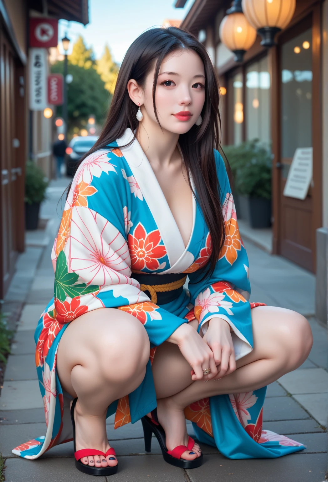 (in 8K、Raw photography、Highest Quality、realisitic、Photorealsitic、Professional Lighting、​masterpiece、extremely delicate and beautiful、Highly detailed、finely detail、ultra-detailliert、hight resolution、Whole human body、low angles)、1girl in、独奏、Japan Night Festival、Sidewalk lined with food stalls、(On the sidewalk bustling with festivals、Beautiful and tall Russian and Japan half model、Wearing a short floral yukata、Squat with your crotch open facing you、Showing panties on purpose)、long legged、Opening legs、美丽的面容、Mature Face、Realistic body、Textured skin、Blonde in chignon style、Gorgeous bright blonde hair、Long body、Height is 170 cm、Weight is 60 kg、Lean proportions、Model body type、Detailed finger、extremely detailed eye and face、beautidful eyes、long eyeslashes、Raw feet、Wet lace white underwear:1.5、White panties can be seen from the hem of the yukata:1:5、The shape of the woman's pubic area is clearly visible、chest close are on:1.5、Do not take off your yukata