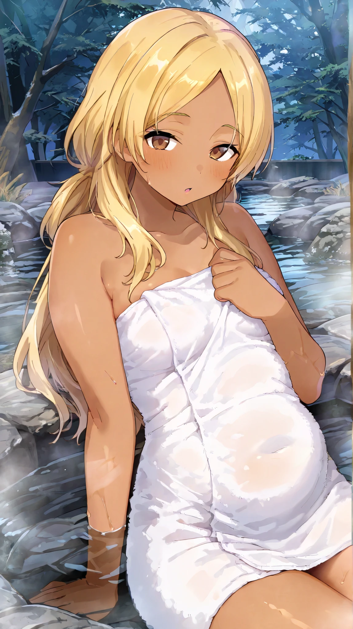 Young girl, long hair, blonde hair, dark Green eyes,shining eyes, small breasts, short stature, forehead, (seductive smile,clenched teeth, naughty face:1.1), wet body, wet hair, nude, nipples, pussy,standing, pov from front,onsen,shining body, hands behind head, leaning on wall, night atmosphere, candles