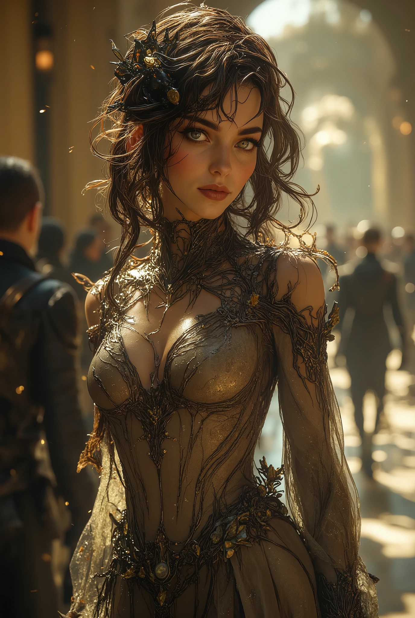 A beautiful girl with tanned skin, with a flexible dancer's body and a vicious face, full length, long curly hair, dance outfit,  brunette, wavy long hair, fantasy