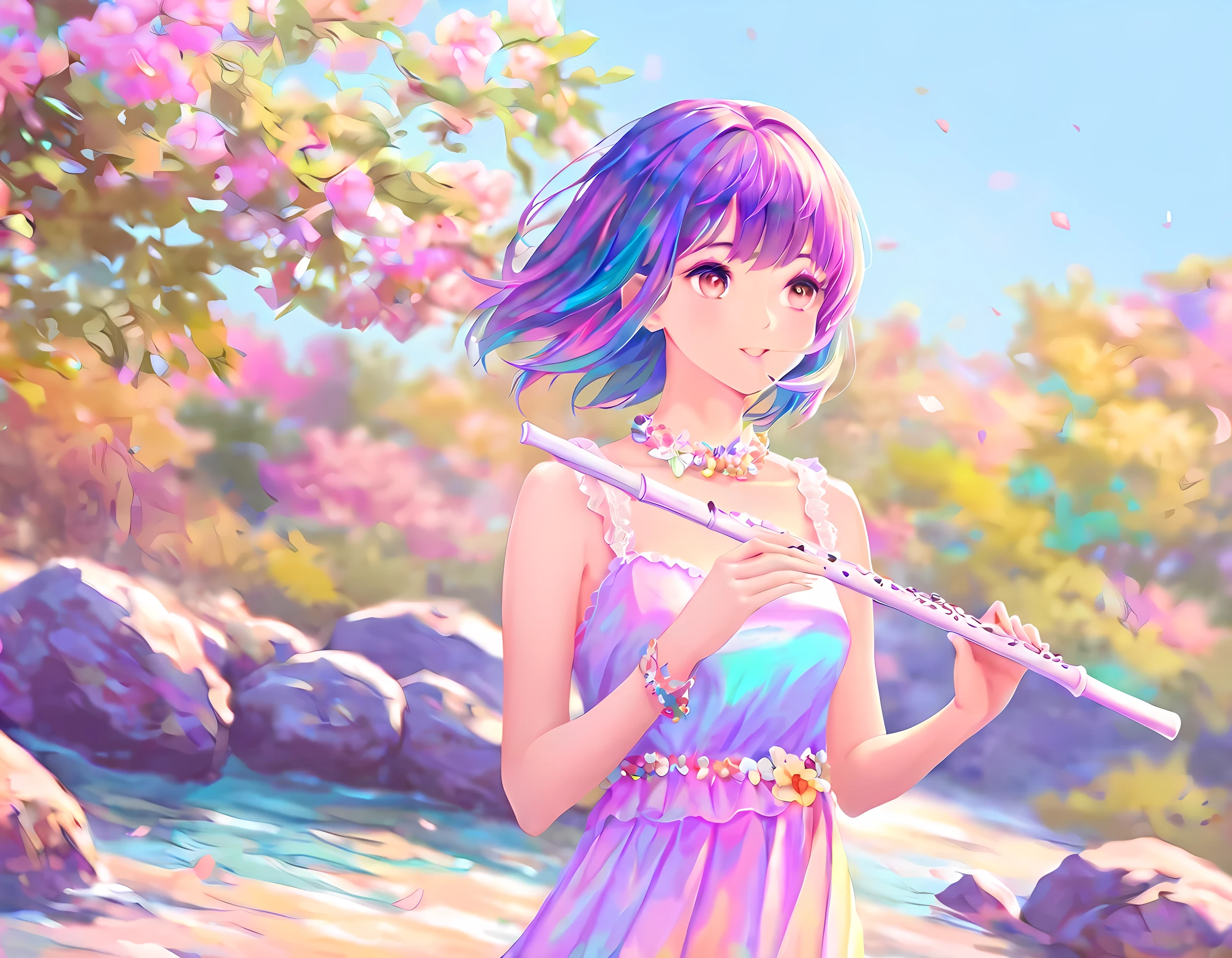 an anime picture of a young woman musical band playing a flute at a rock concert, best details,  best details, best quality, 16k, masterpiece, best quality, (extremely detailed), photorealism, depth of field, hyper realistic painting, Cinematic Shot, Colorful, PASTELGOTH