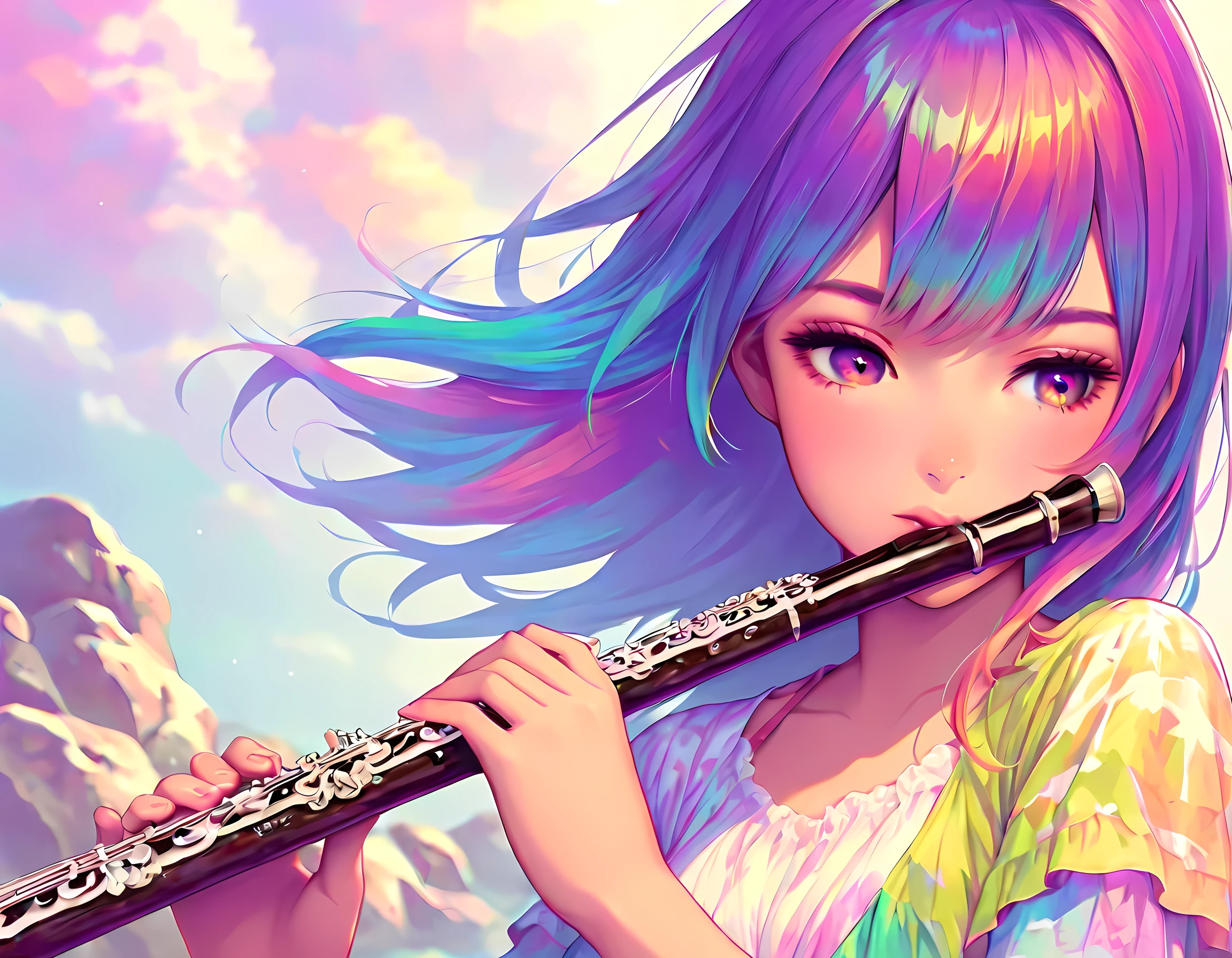 an anime picture of a young woman musical band playing a flute at a rock concert, best details,  best details, best quality, 16k, masterpiece, best quality, (extremely detailed), photorealism, depth of field, hyper realistic painting, Cinematic Shot, Colorful, PASTELGOTH