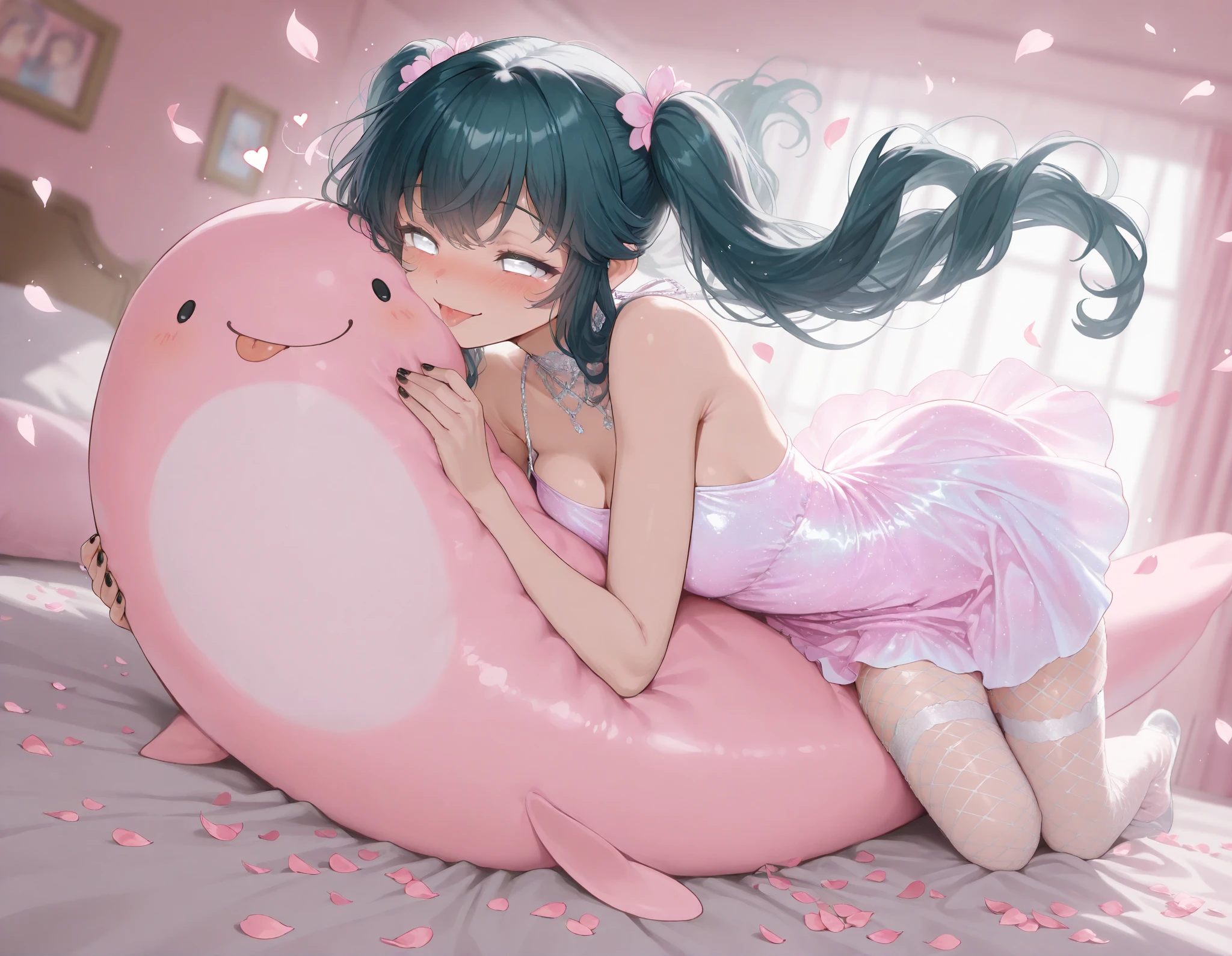 ( Masterpiece : 1.2), ( very detailed: 1.2), ( very detailed CG: 1.2), ( high image quality: 1.2), (最 high image quality), 8k, animated illustration, 、 beautiful girl, masterpiece、 best quality、Good quality、 average quality 、 super detailed、 very beautiful、 absurd、 blurry background、 depth of field、 natural light、 soft lighting 、Good hands 、 detailed eyes on board、 detailed hair、sensitive、BREAK 1girl、solo、 long hair on background、chest、 viewer view, thigh high socks 、(dark teal twintails)、(girlfriend), (cute dress), (cute), (kawaii)、tongue 、 fishnet tights、Black nails、 fishnet tights、, bangs, (dark teal hair), medium breast, curly hair, face, (white down turned round eyes), romantic, happy, great aesthetic, dreamy aesthethic, authoritative look, cute, sexy, loving expression, smile,beautiful detailed girl,extremely detailed eyes and face,beautiful detailed eyes,best quality,masterpiece,illustration, an extremely delicate and beautiful,extremely detailed,CG,unity,8k wallpaper,Amazing,finely detail,masterpiece,best quality,official art,extremely detailed CG unity 8k wallpaper, indoors, windows, bedroom, sweet, light_blush,drunk,(1 girl),((solo)),bloom effect,detailed beautiful grassland with (salmond pink petals),flower,butterfly,(((surrounded by heavy floating petal flow))), cute, kawaii, kiss, Chu, mwah, heart, (white eyes), (princess cute kawaii dress), ((light pink salmon dress)), heart