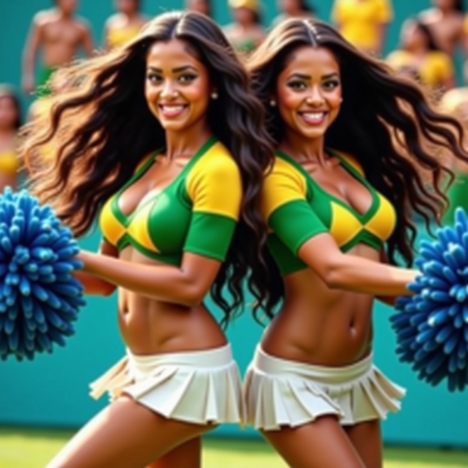 Two beautiful Brazilian women、blonde hair、With bangs、Toothy Smile、Yellow peacock feather根の王冠、huge breasts、plump body、Yellow peacock feather、yellow micro bikini、yellow knee high boots、Rio's Samba Carnival is crowded with many spectators.