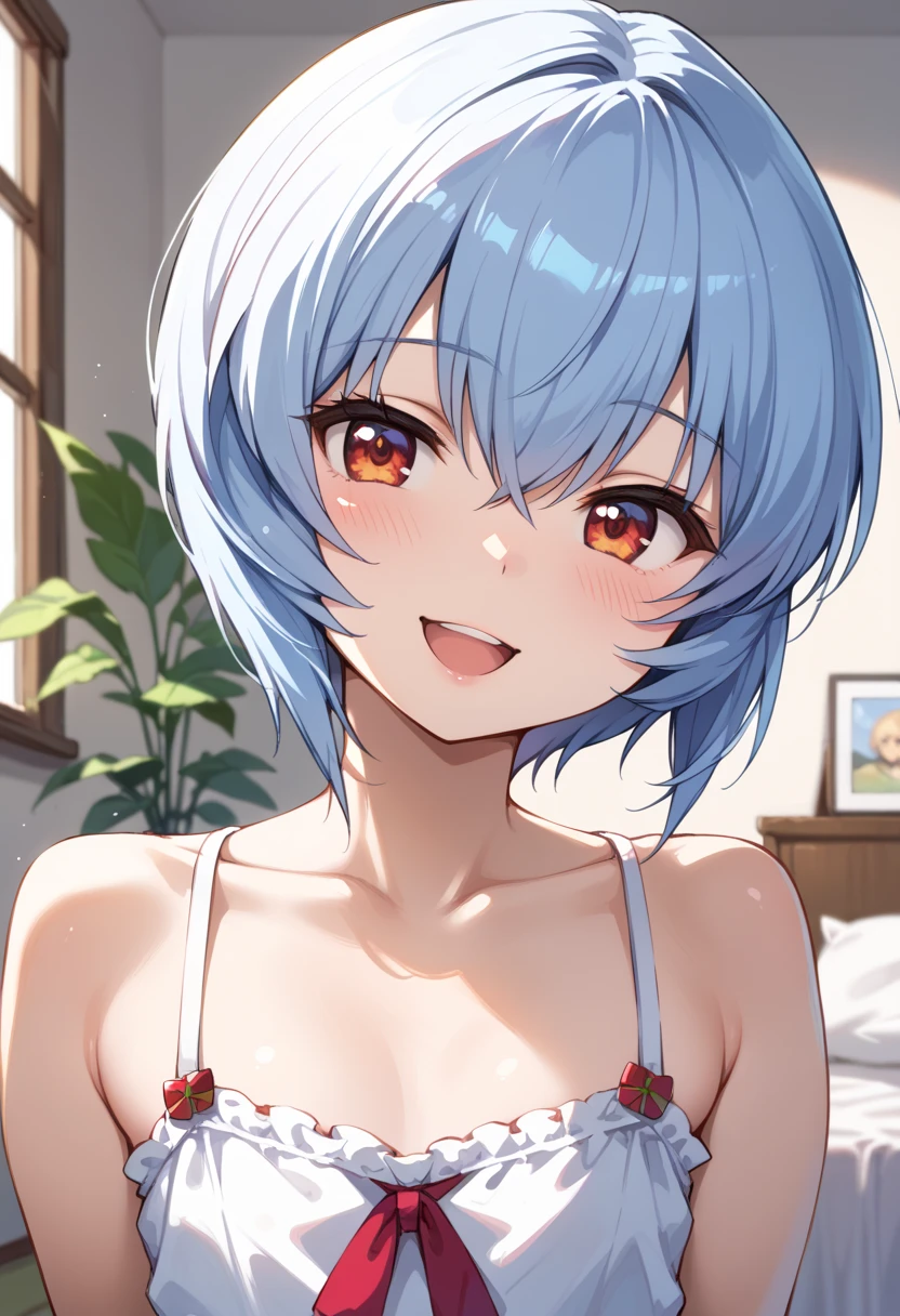 by nocopyrightgirl, by ask
1girl ,
ayanami rei, red eyes, blue hair, short hair, hair between eyes, bangs, , closed mouth
looking at viewer, hair ornament, indoors, hairclip, off shoulder, , window, underwear, flat chest, smile, shadow
beautiful, aesthetic, detailed, beautiful color
amazing quality, best quality, high quality