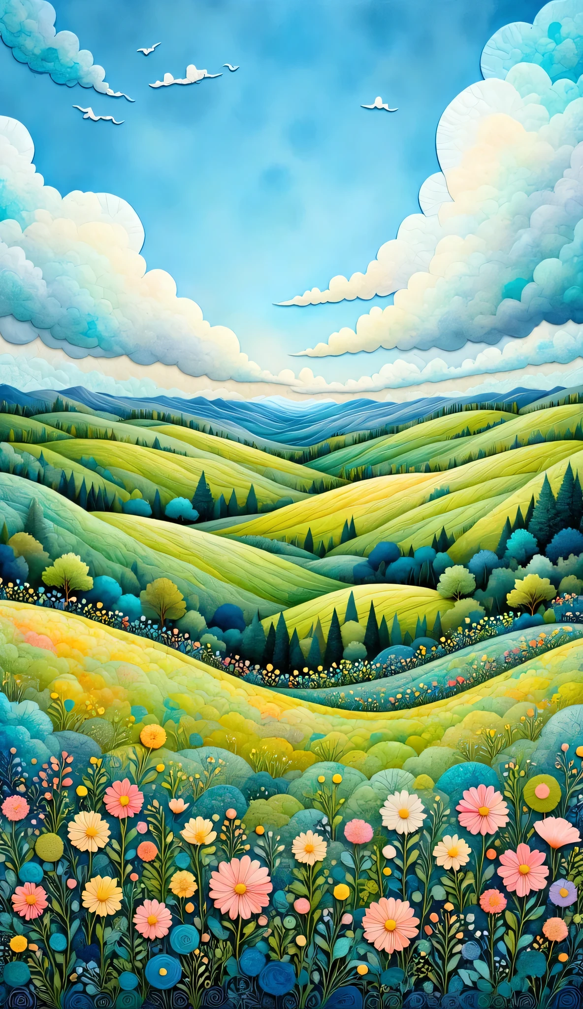 field of gently rolling green hills dotted with clusters of vibrant, pastel-colored wildflowers. Think soft pinks, baby blues, and sunny yellows. The sky above is a clear, light blue with a few fluffy white clouds that look like cotton candy. The overall scene feels fresh, cheerful, and incredibly sweet.