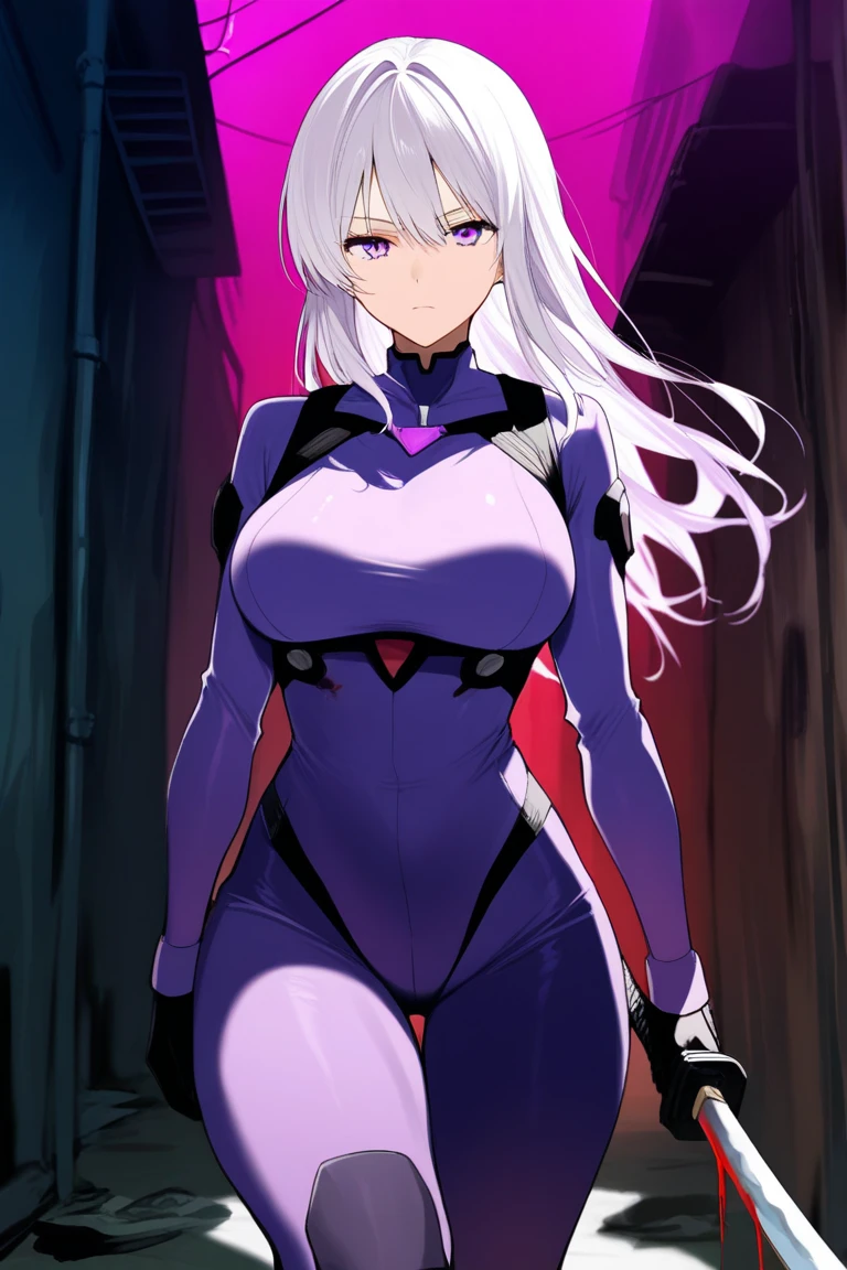 Anime style, anime screencap, 2d, white hair, one-eye covered, hair over one eye, long hair, futuristic, gray belt, grey belt, bodysuit, pantyhose, red eyes, neon trim, red neon trim, wide hips, thock thighs, thigh strap, arm strap, breasts, large breasts,
