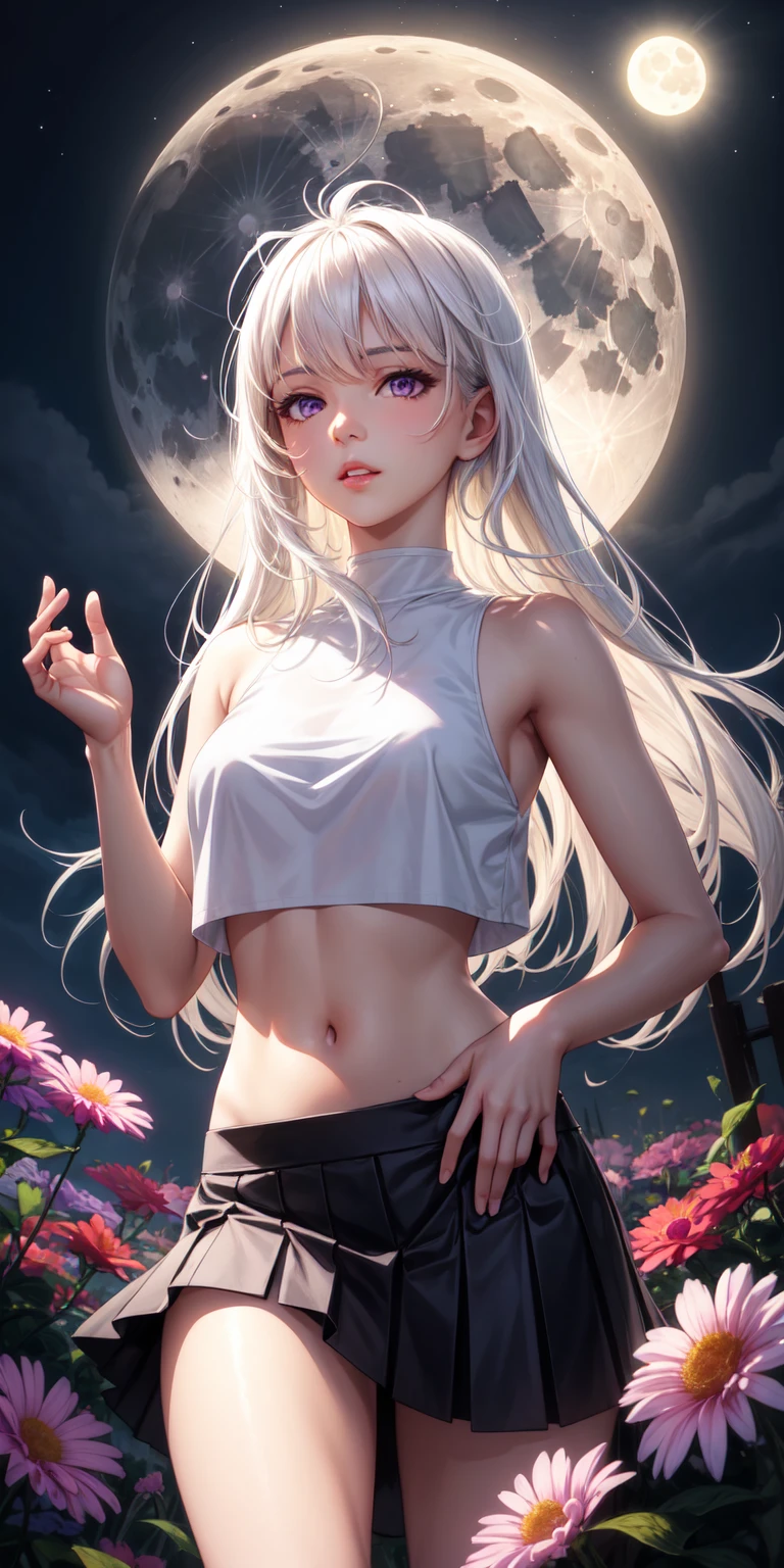 realistic, 1 woman, gray hair, purple eyes, shining eyes, crop top, white bra, white panties, Naughty expression, Sexy ,bundled hair, chapped lips, blush, night, flowers, sun, sunlight,