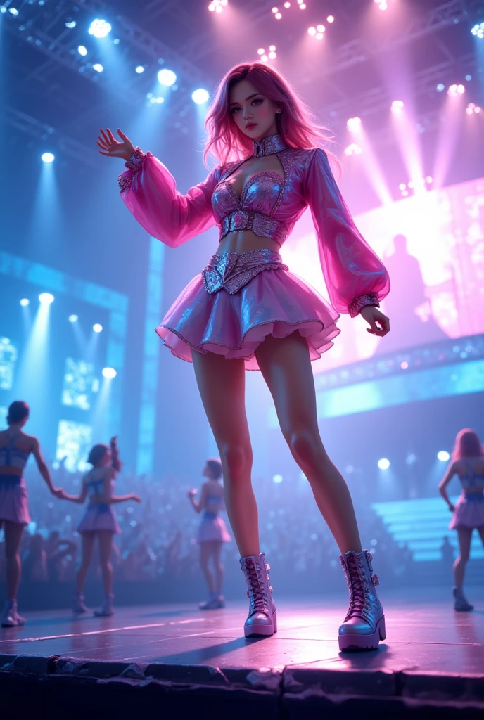 fashion female model, (Colorful fashion high heels), Standing in the center of the catwalk, Glittering (pop art style) clothing, concept art, fishnet stockings, ArtStation H Hot Topics, complex, High-density image review, ultra high definition, studio lighting, Physically based rendering (best quality, 4K, 8K, High resolution, masterpiece: 1.2)