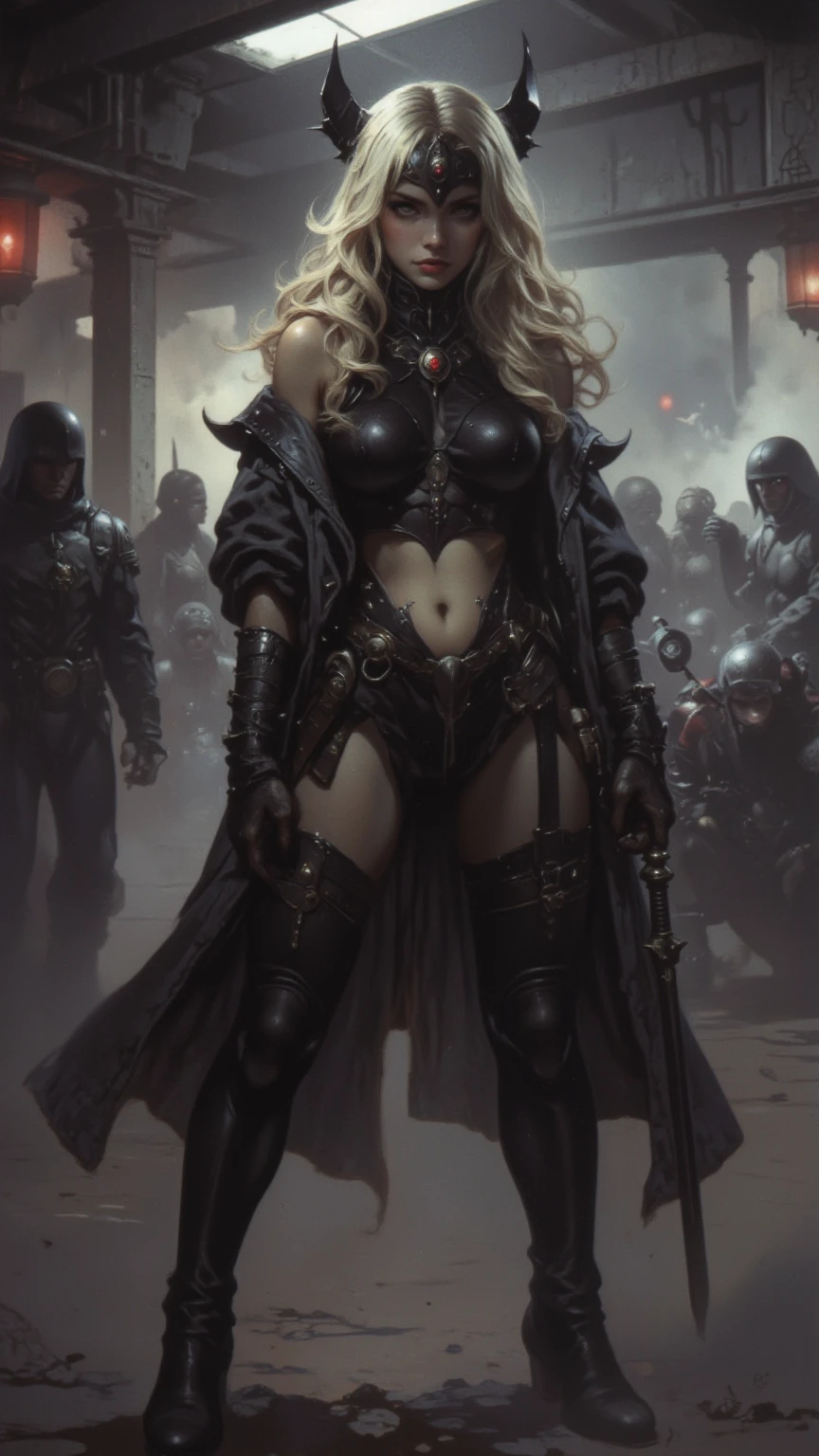 (High resolution,realistic,sharp focus),Humanoid alien creature with a vertically split face forming a mouth shape,beautiful woman like predatory creature,Alien/monster hybrid,scary hunter,[cosmic,extraterrestrial] There is organic matter,otherworldly predator,beyond life,short platinum hair,shining eyes,intense sight,[elegant,grace],enchanting facial features,[sharp,pointed,elongated] teeth,[toxic,toxic] tooth,intense,enchanting smile,Smooth yet muscular body,[curve,shape] There is a woman like,[grace,Towering],more_details:1,Alien skin texture resembling iridescent scales,[ethereal,luminescent] shine,[Evil,Unlucky] aura,Slurping,bipedal walking,[tranquility,predatory] enchanting footsteps,hypnotic dance,[spooky,Unforgettable] graceful,contrasting colors,[darkness,Shadow] hug a living thing,Dystopian background landscape,[cosmic,Milky Way] background, celestial bodies,pulsating clouds,[extraterrestrial,surreal] vegetation,rays of ethereal light [filtering,caress] scene,dramatic chiaroscuro lighting,penetrating the darkness,Create an intimate yet frightening atmosphere.