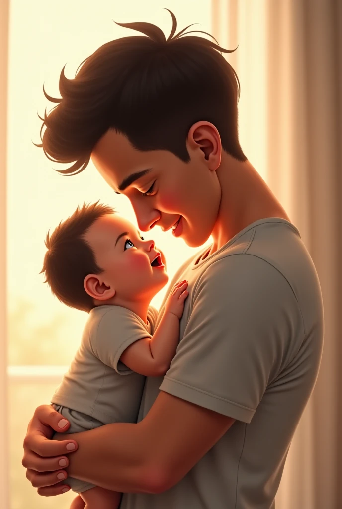 create an image in which one boy of age25 name write on his shirt is Zeeshan, love with a baby of age 1 year whose name is Khizer Ali write on his shirt , both name are shown correctly