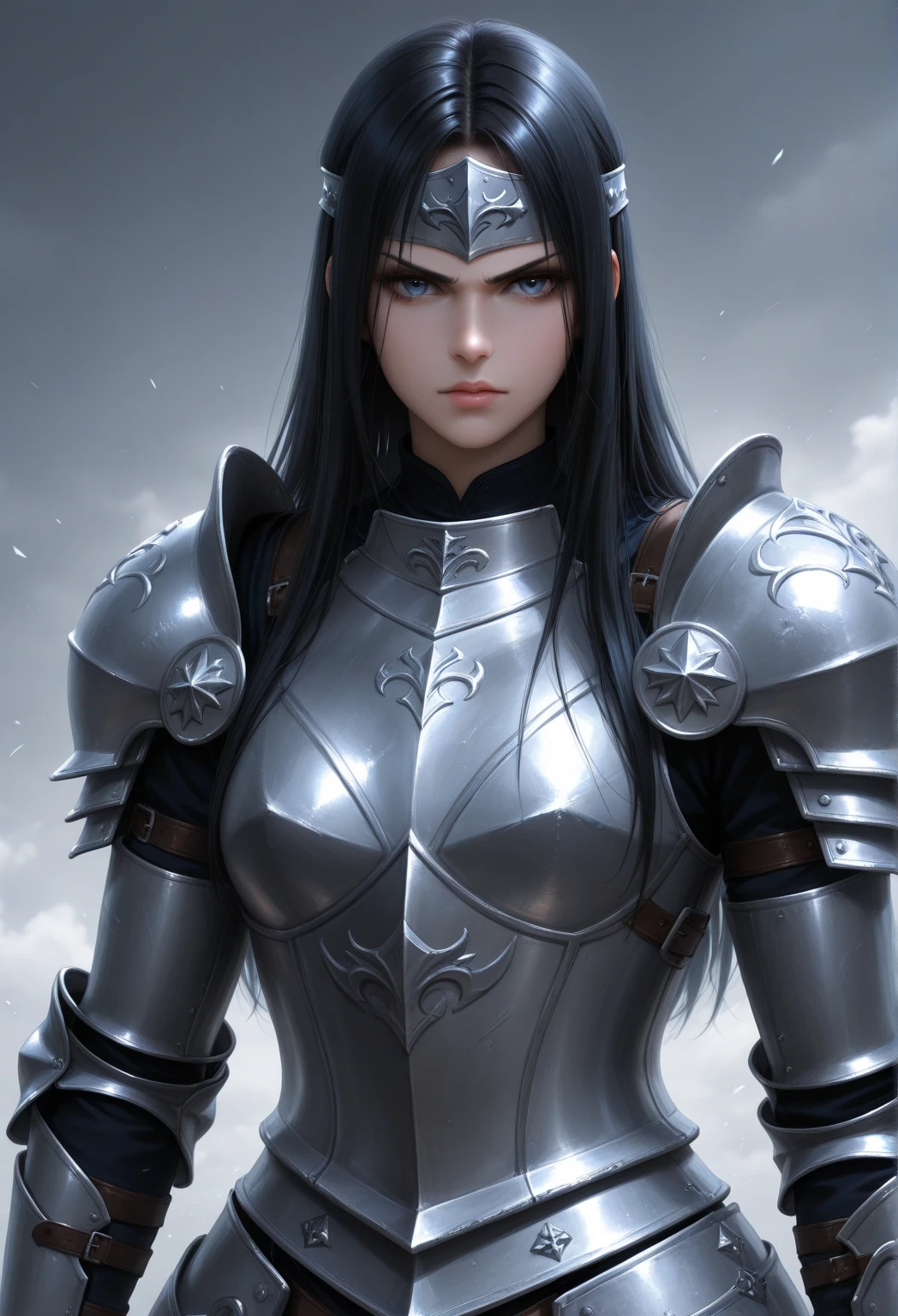 (masterpiece, best_quality, ultra-detailed, immaculate:1.3), epic, illustration, dark knight , armor, pauldrons, black hair, half updo, standing split, in a meadow with rolling hills, at a minuscule, formal skyport, bombshell hair, dark white hair, Undercut,curly hair, shrugging<lyco:EnvyBeautyMix43:1.3>