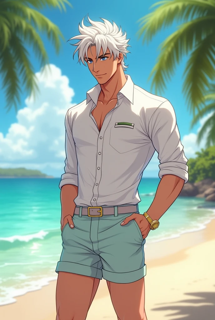 A muscular man with blue eyes and long white hair in swim trunks is leaning against a palm tree at the beach