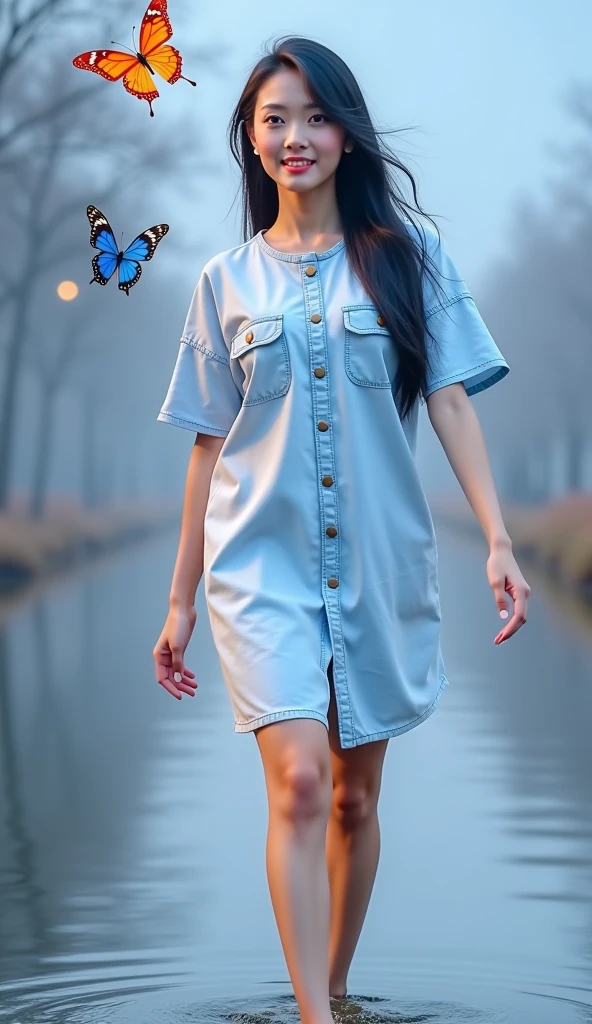 Woman with long hair standing and watching butterflies