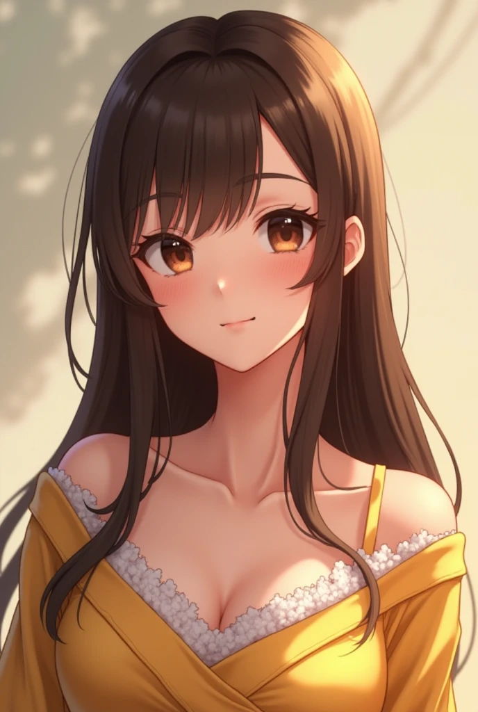 Detailed CG,Ultra-fine illustrations,masterpiece,Highest quality,BREAK(yellow:1.5) and (off shoulder blouse)BREAK,Realistic,Real person,RAW Photos,Realistic(Pale skin:1.2),Glowing Skin,Shiny Hair,(A 26-year-old woman with medium-length hair and bangs)and(Wavy Hair)and(Brown Hair)and(Orange eyes),(Sad smile:1.3),(Looking down),The background is Inside the coffee shop,Alone